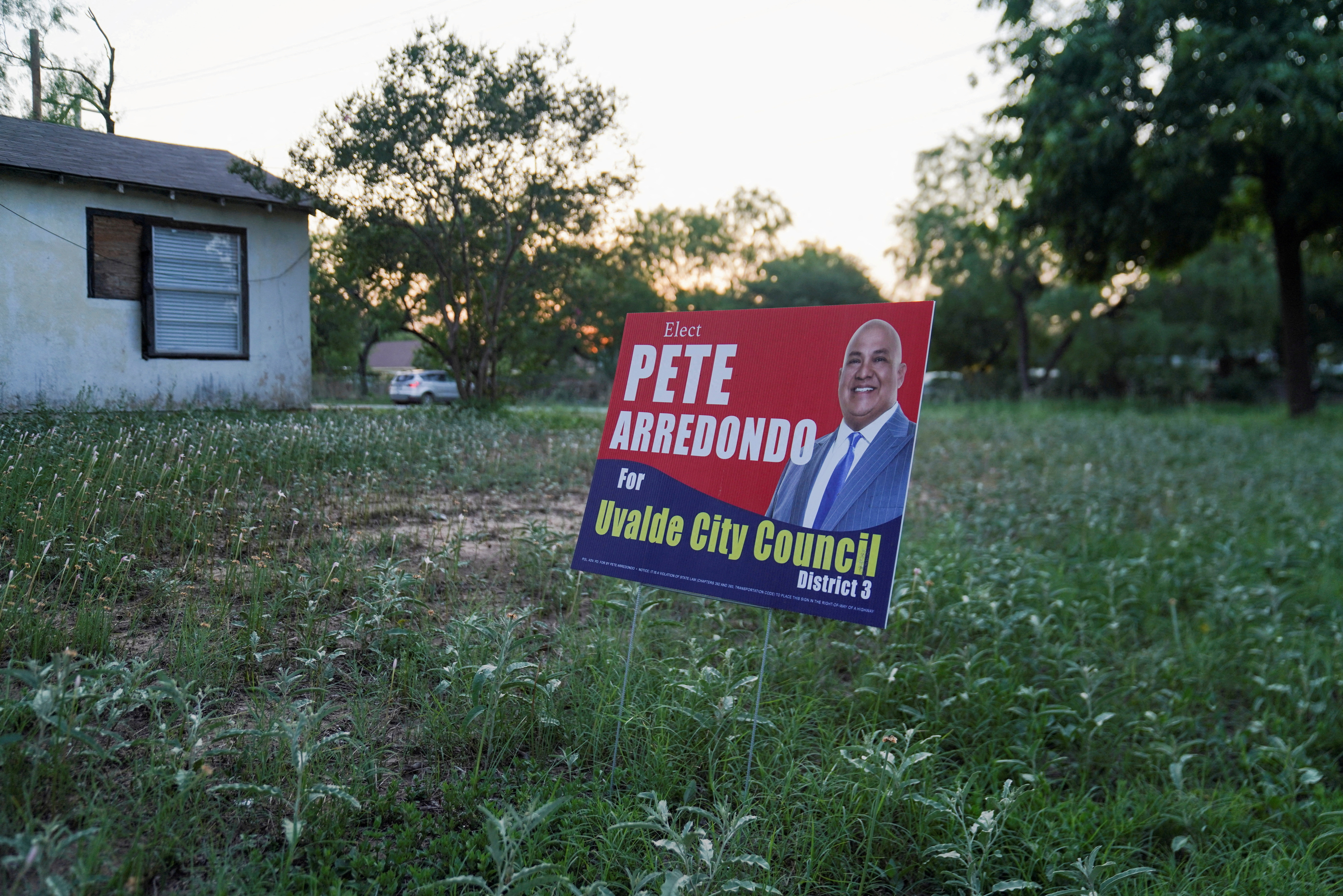 Pete Arredonde political signs are seen in Uvalde, Texas