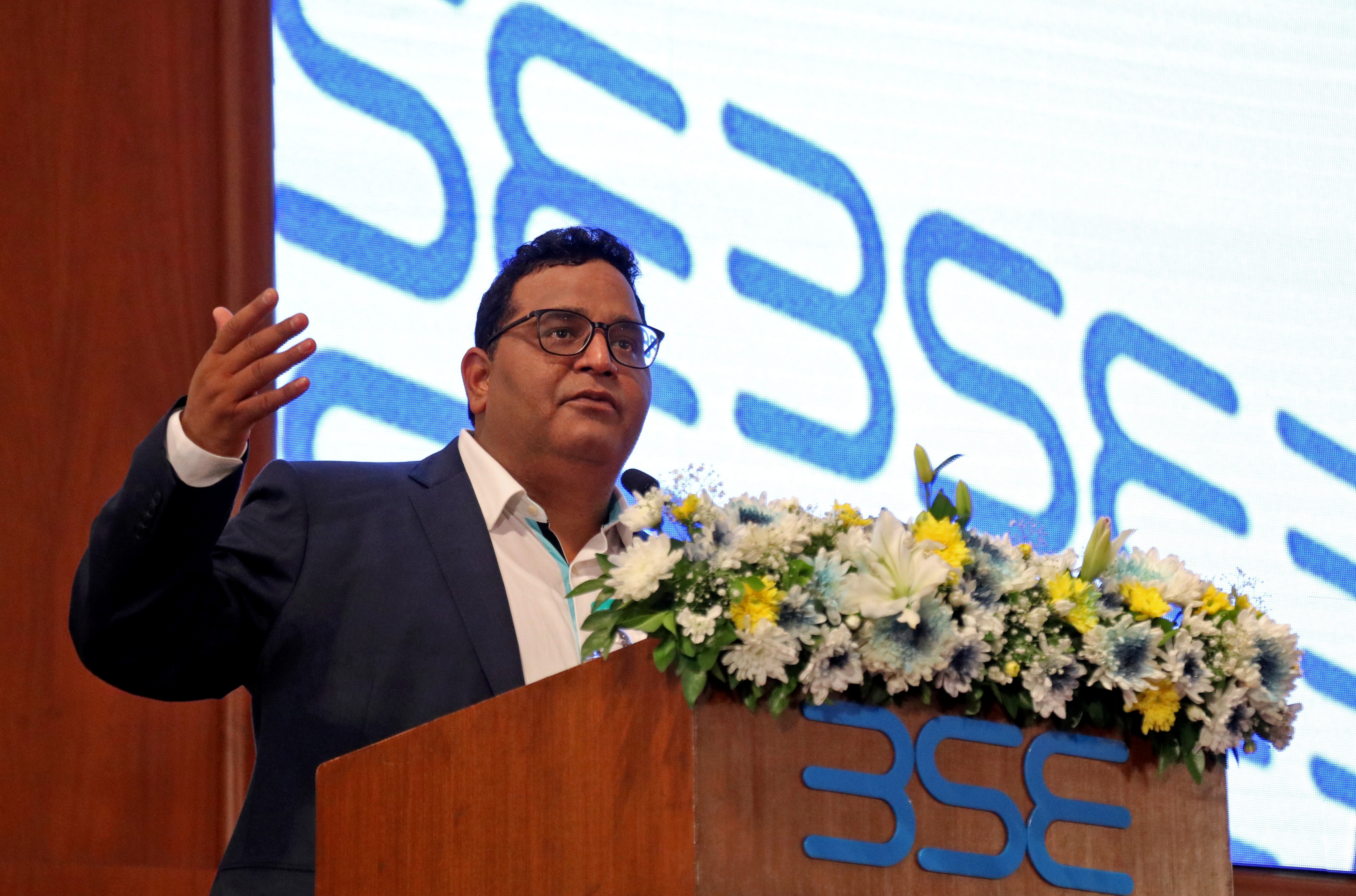Paytm founder and CEO Vijay Shekhar Sharma delivers a speech during his company's IPO listing ceremony at the Bombay Stock Exchange in Mumbai