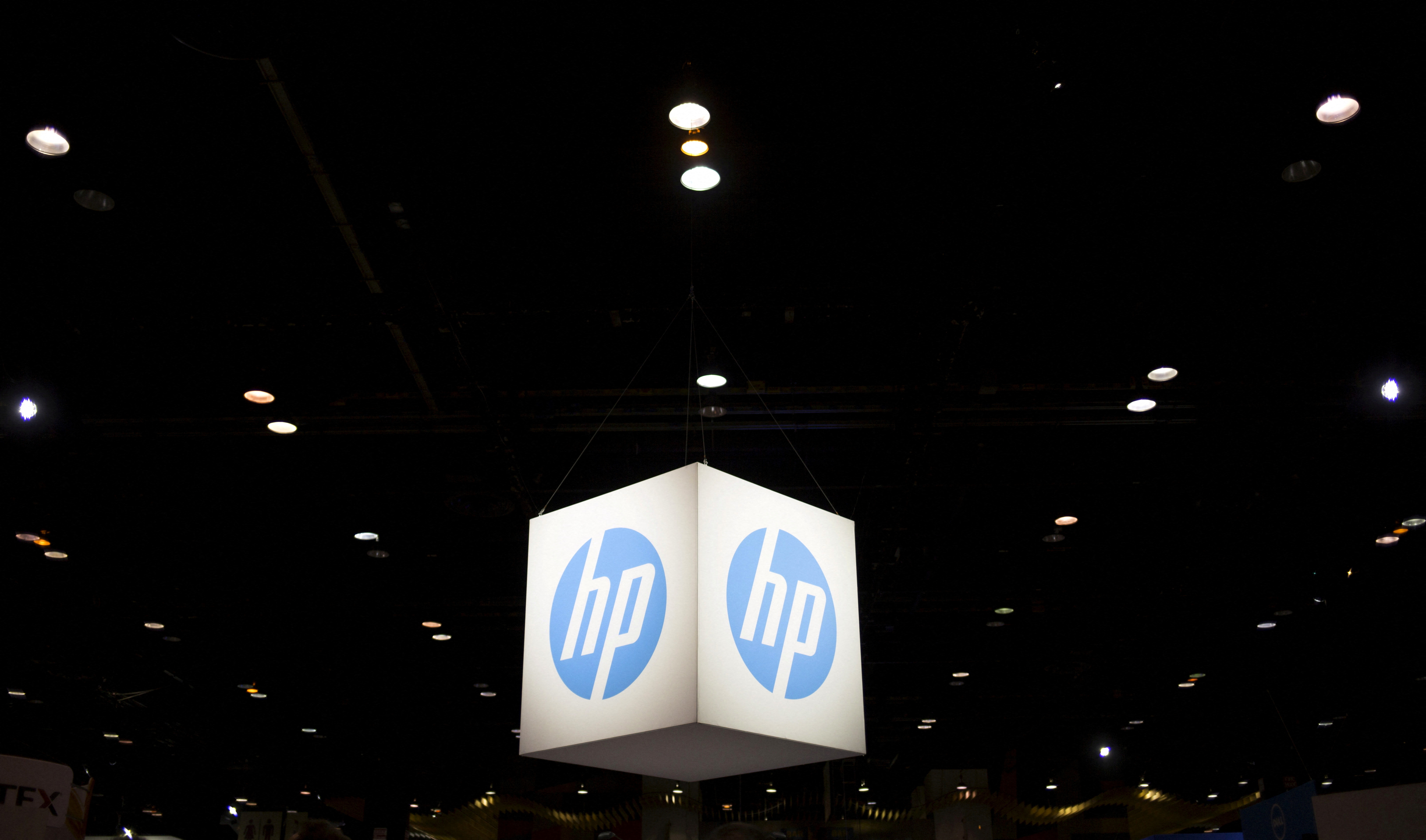 The Hewlett-Packard (HP) logo is seen as part of a display at the Microsoft Ignite technology conference in Chicago