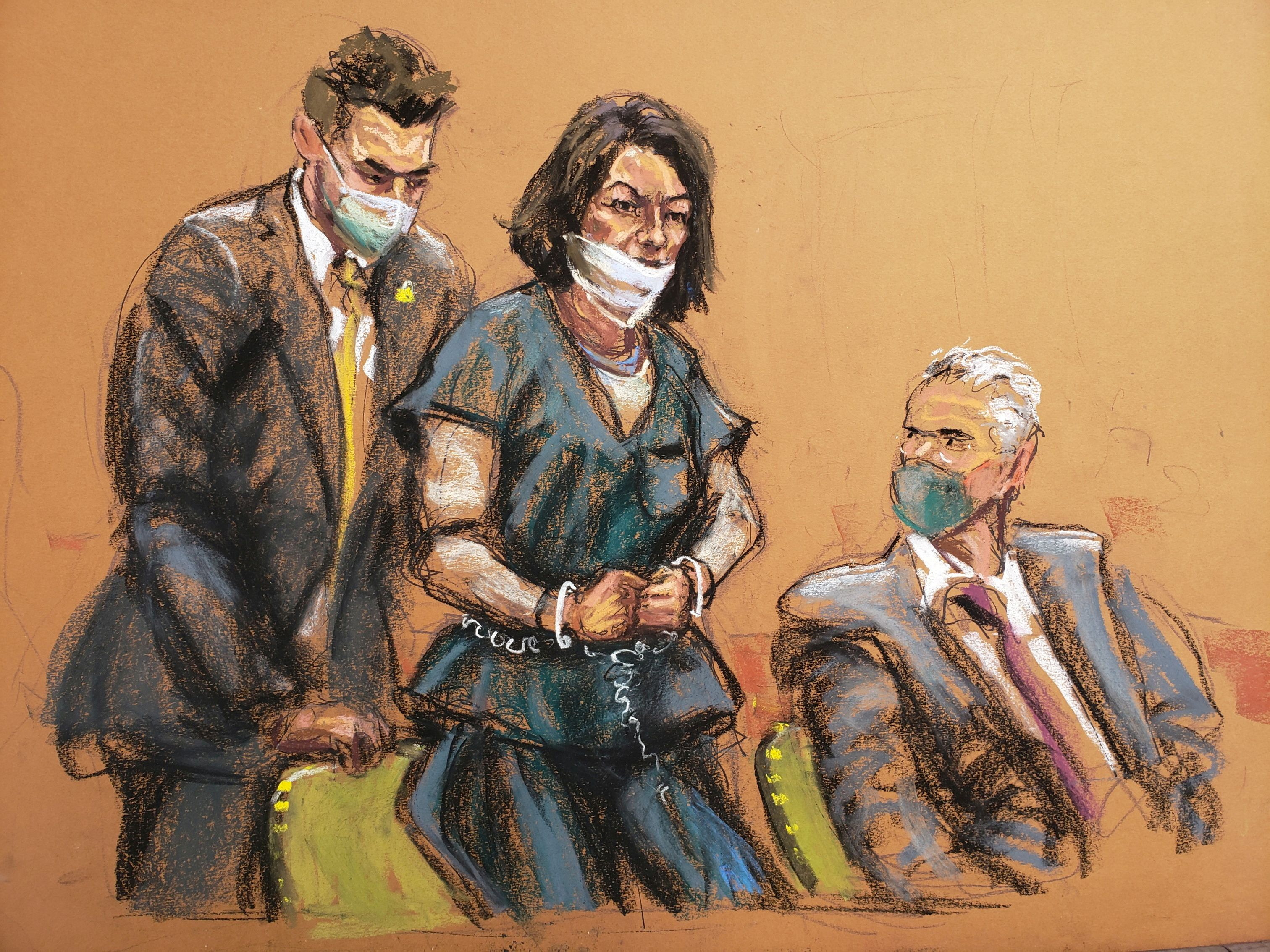 Ghislaine Maxwell, the Jeffrey Epstein associate accused of sex trafficking, is led into court in shackles for a pre-trial hearing ahead of jury selection, expected to begin later in the week, in a courtroom sketch in New York City, U.S., November 1, 2021. REUTERS/Jane Rosenberg/File Photo
