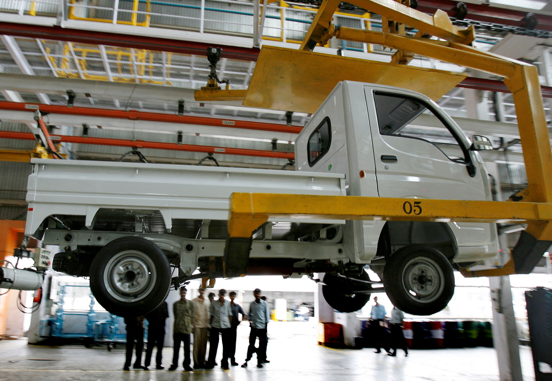 A new vehicle is seen on the assembly line at Tata Motors' plant in Pimpri