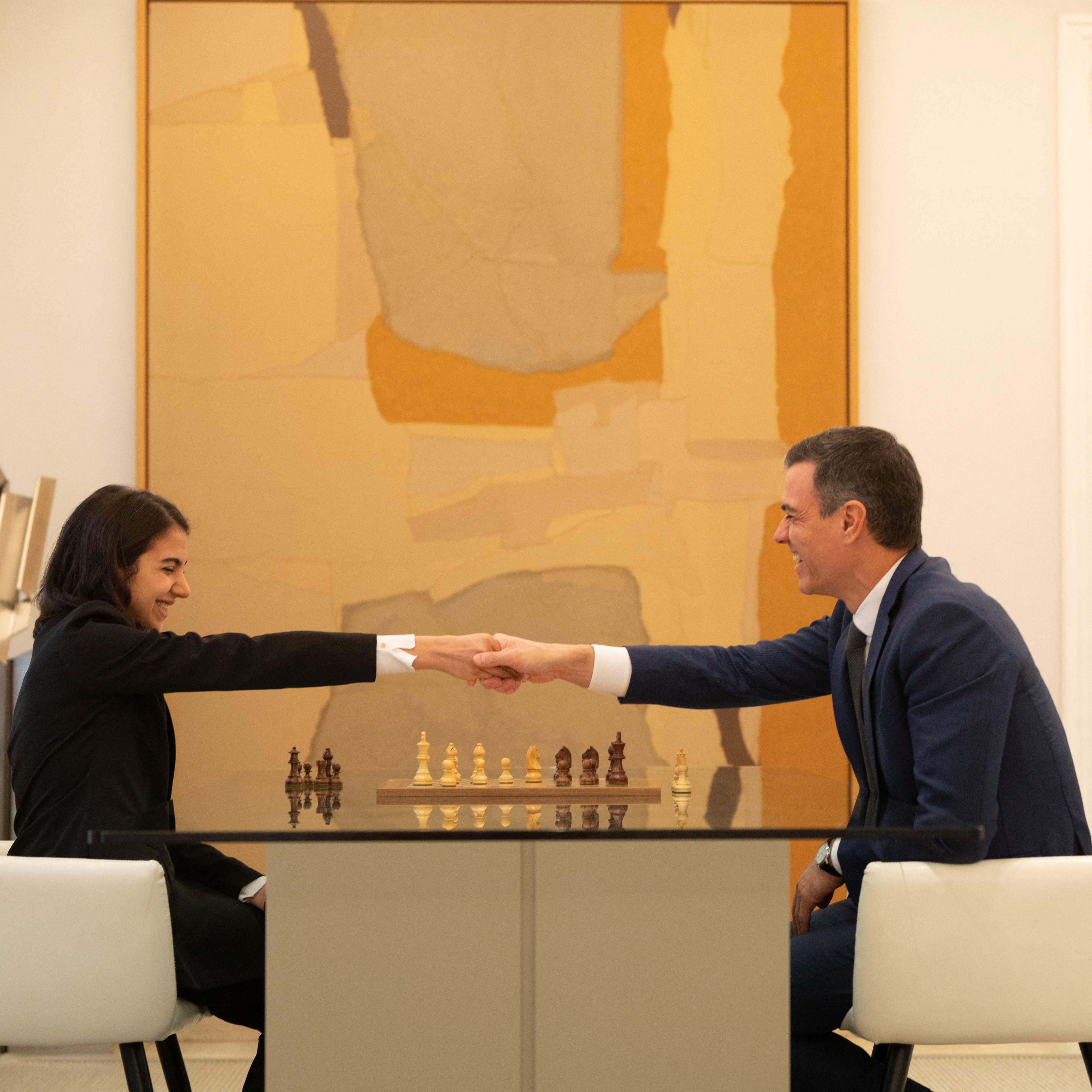 Spain's Prime Minister Pedro Sanchez meets with Iranian chess player Sara Khadem in Madrid