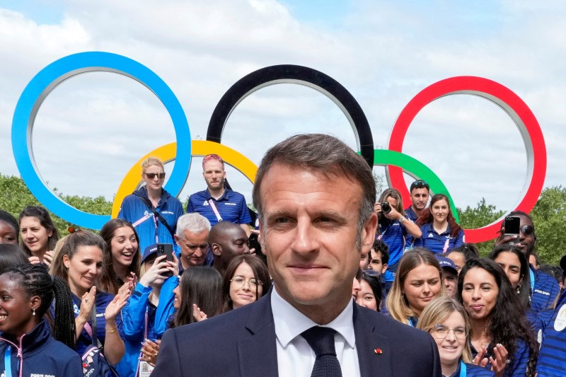 French President Emmanuel Macron visits the Olympic village in Paris