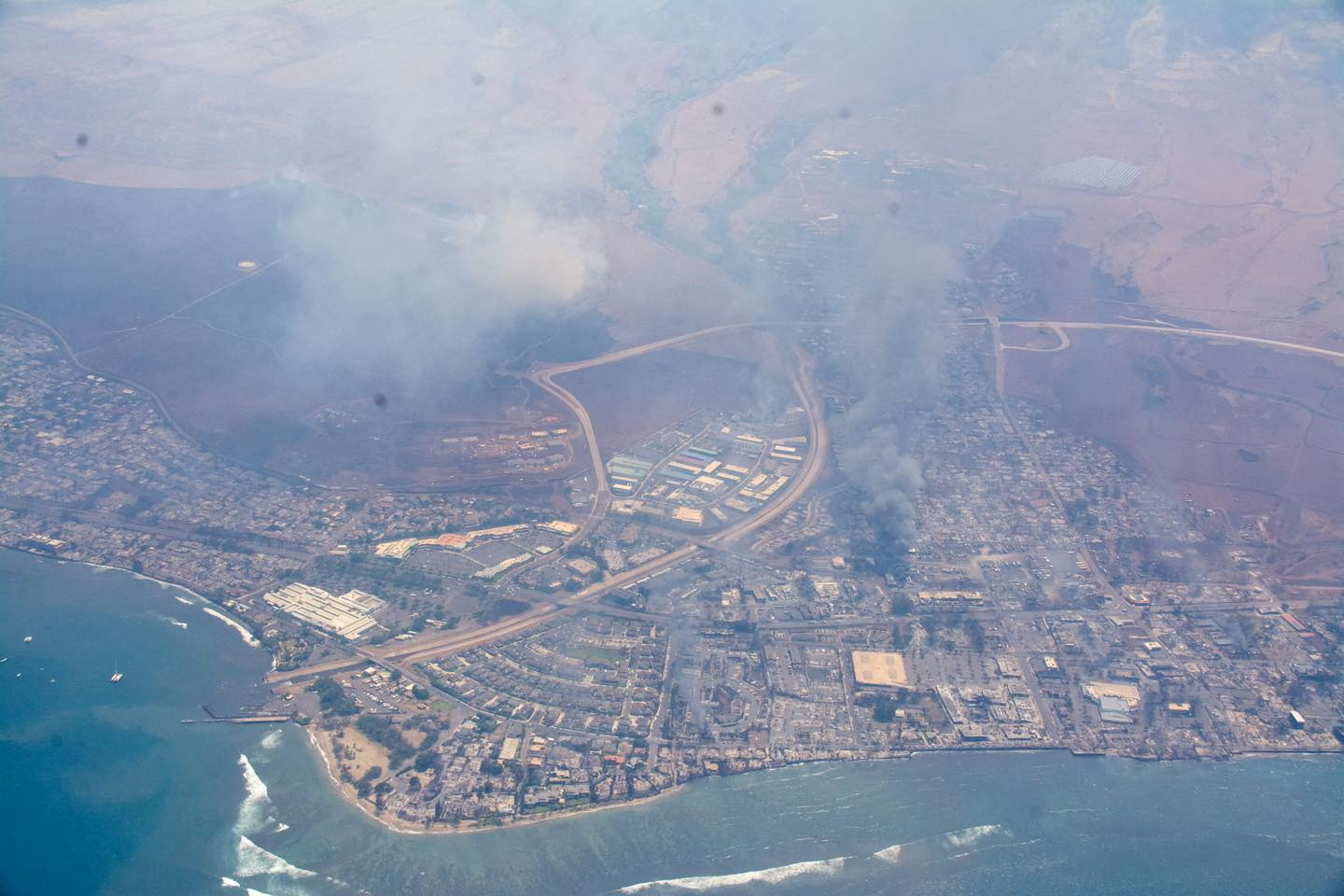 An aerial view of wildfires on Maui