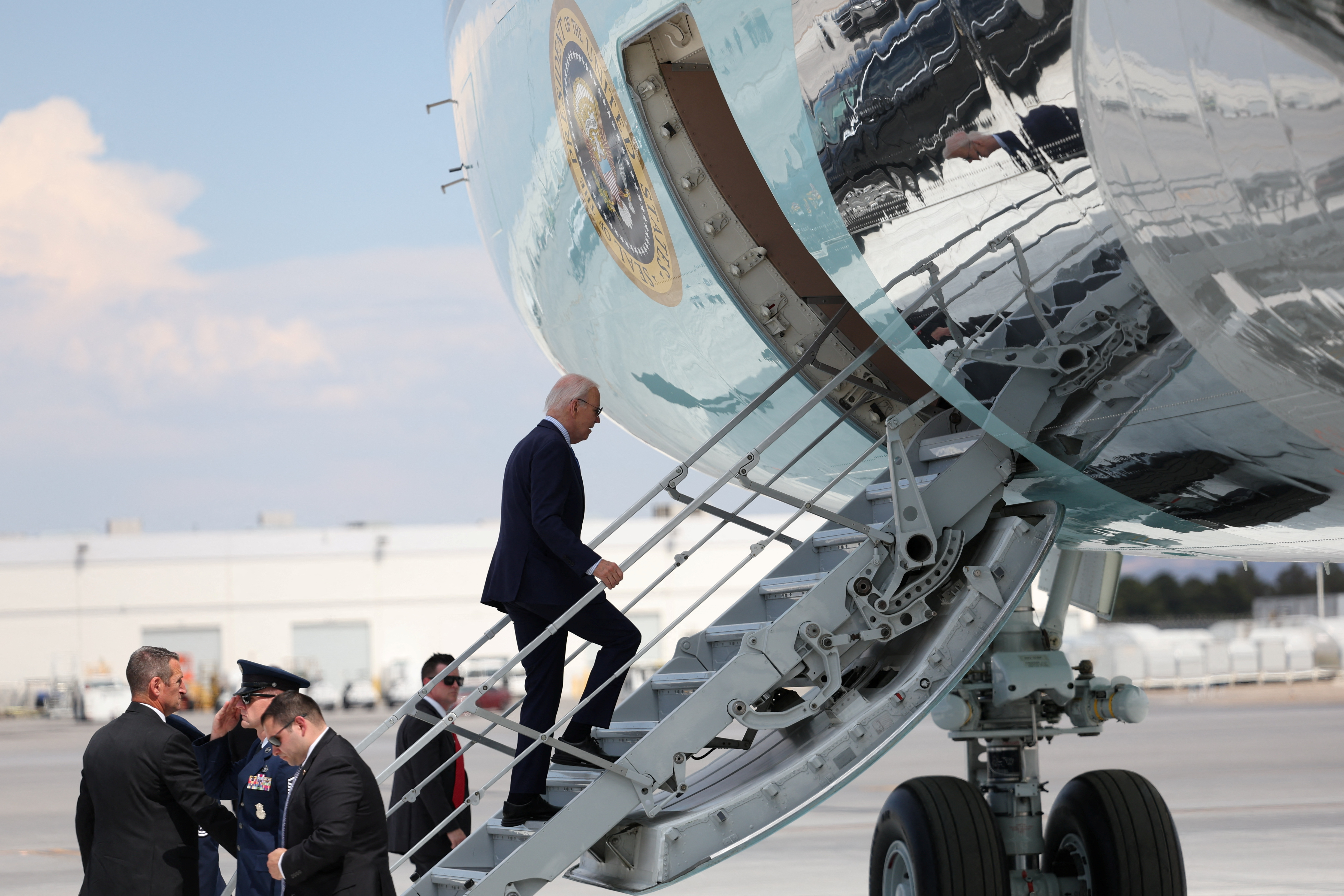 U.S. President Joe Biden boards Air Force One, at Harry Reid international airport in Las Vegas