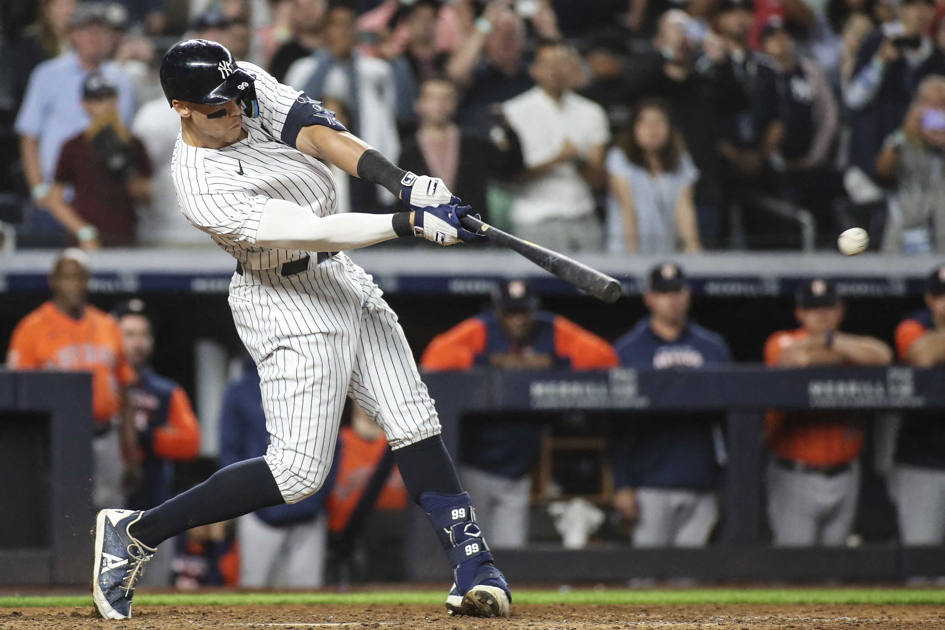 New York Yankees batter Aaron Judge celebrates in front of Houston