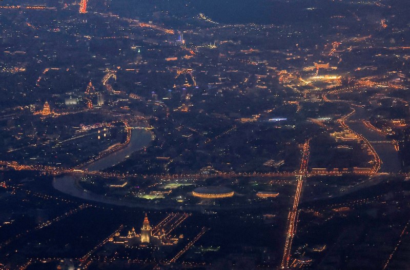 A general view of the centre of Moscow in the dusk, shot from an airplane flying over the city