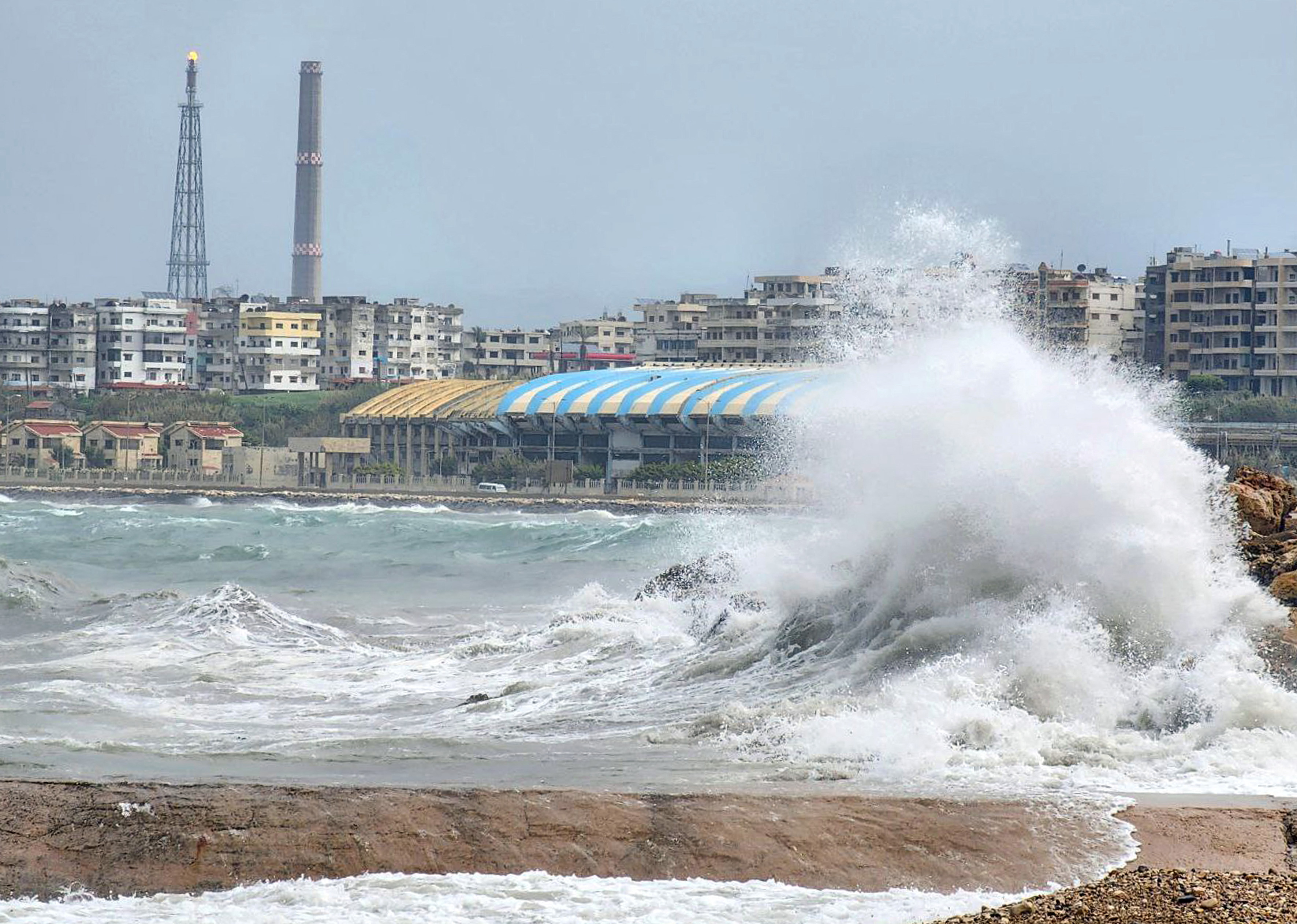 Waves crash during high winds in the Syrian port city of Banias