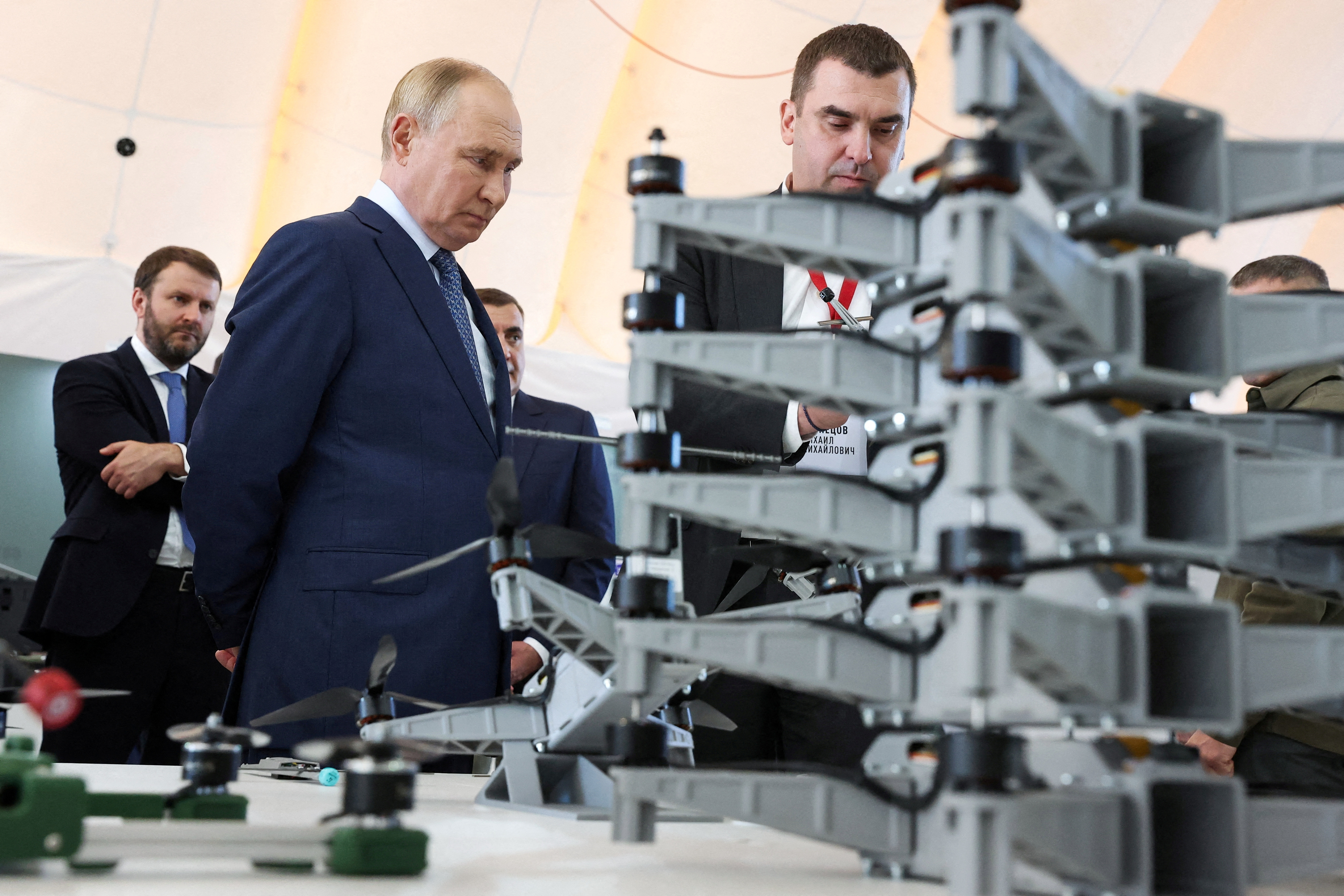 Russia's President Vladimir Putin visits a drone production facility in Saint Petersburg