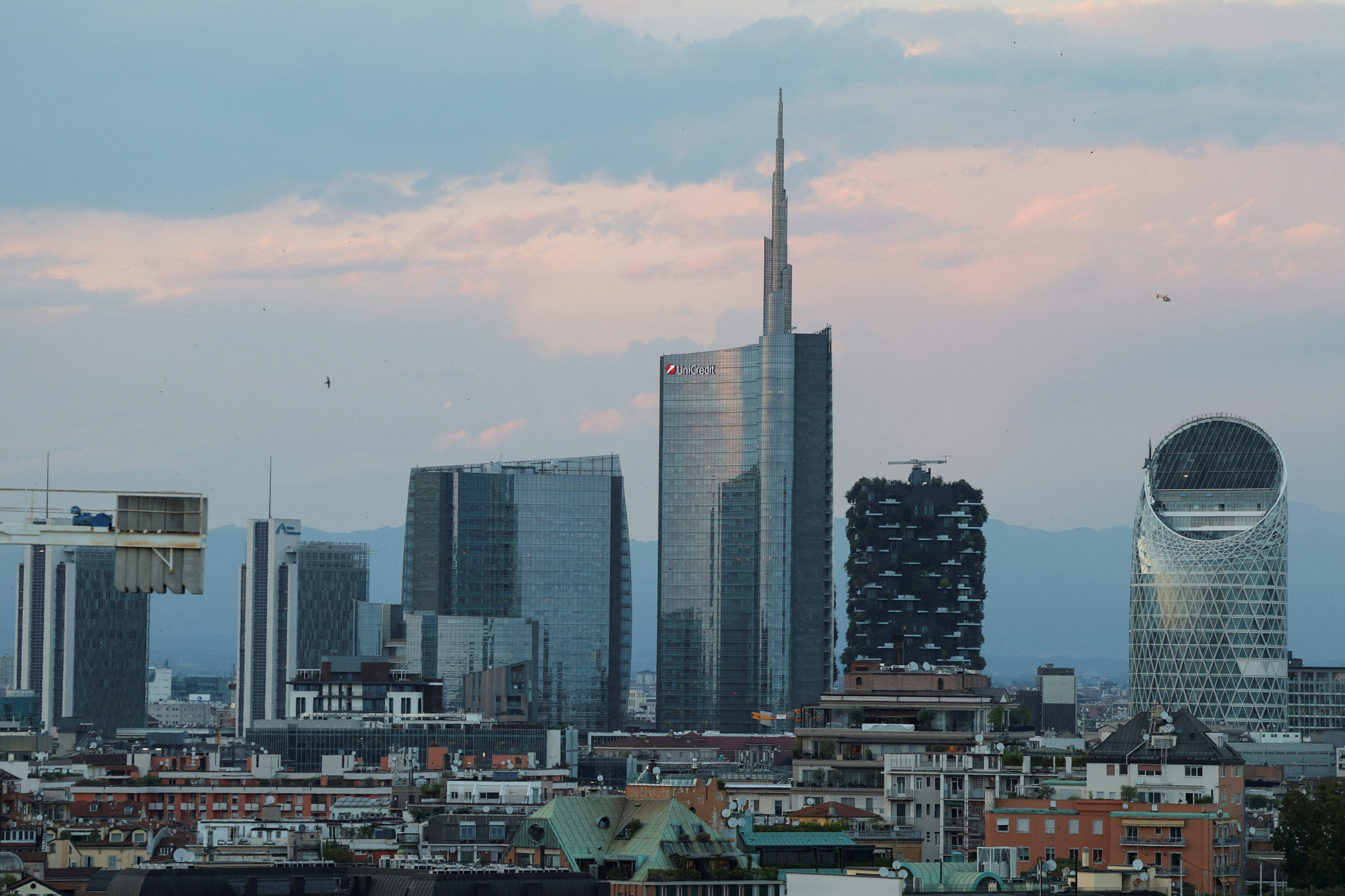 A view shows Milan's skyline during sunset in Milan