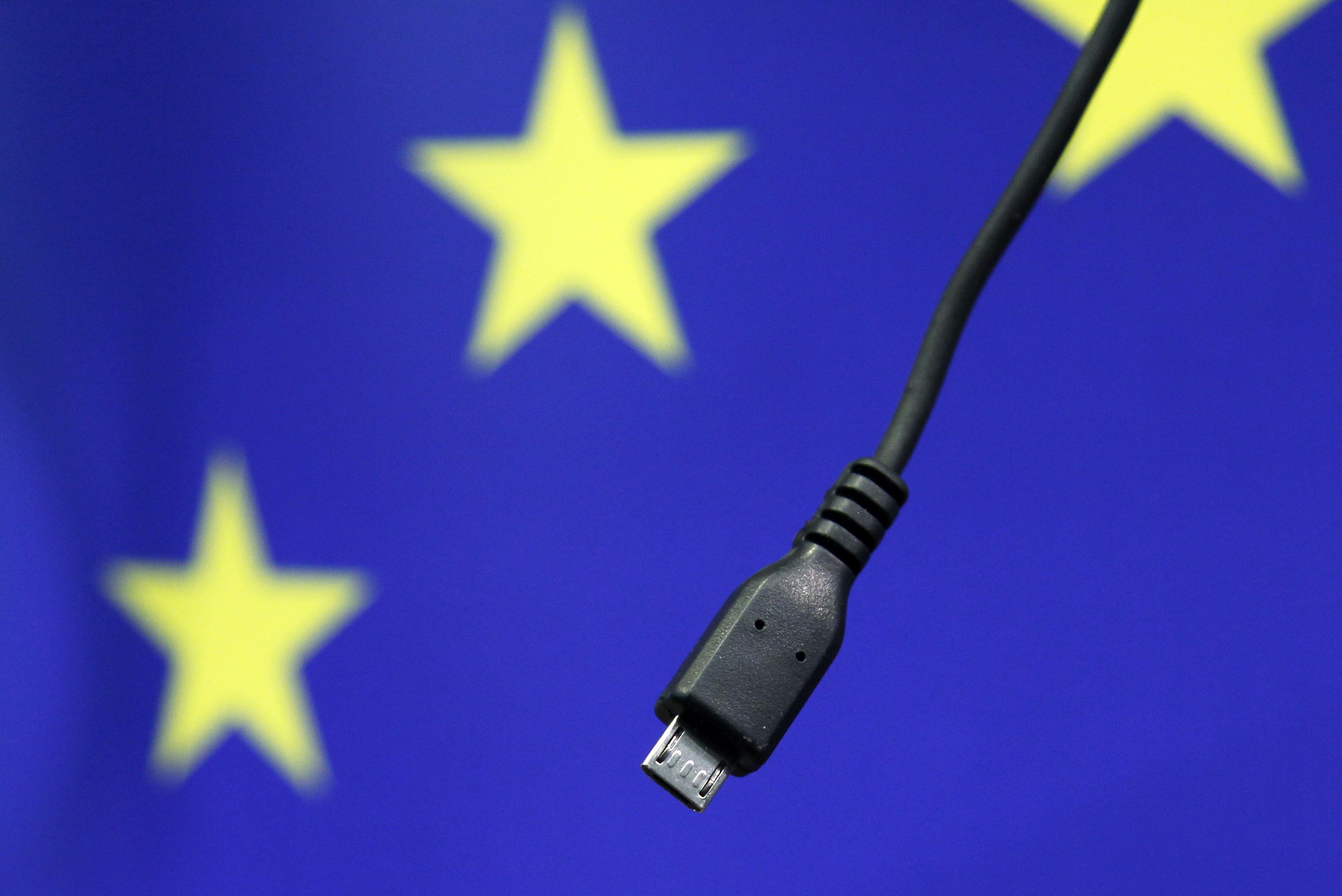 A view of a harmonised mobile phone charger is seen during a news conference at the European Commission headquarters in Brussels