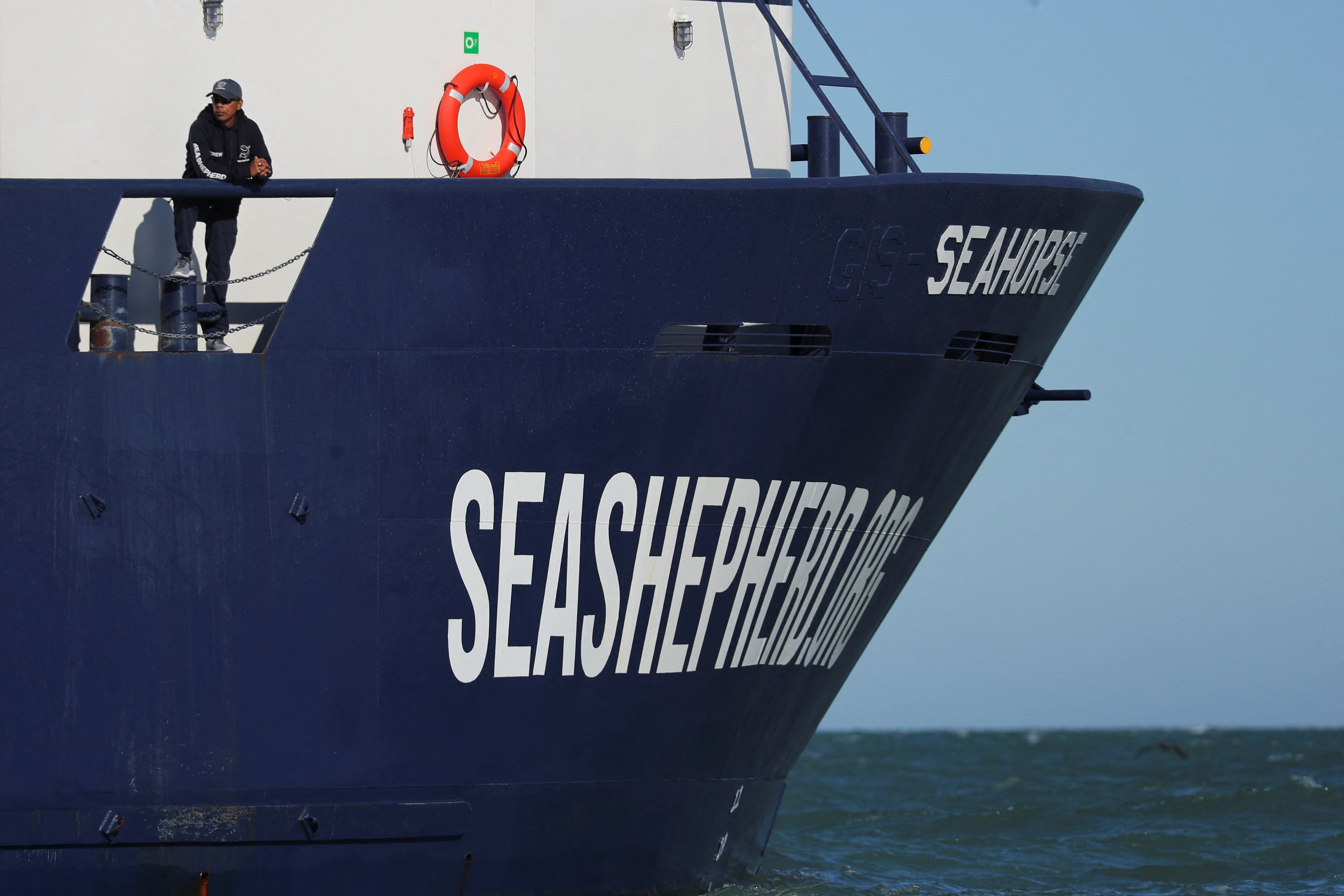 A Sea Shepherd crew member looks on from the Seahorse, the new vessel of Sea Shepherd, near San Felipe, in the Gulf of California, Baja California state