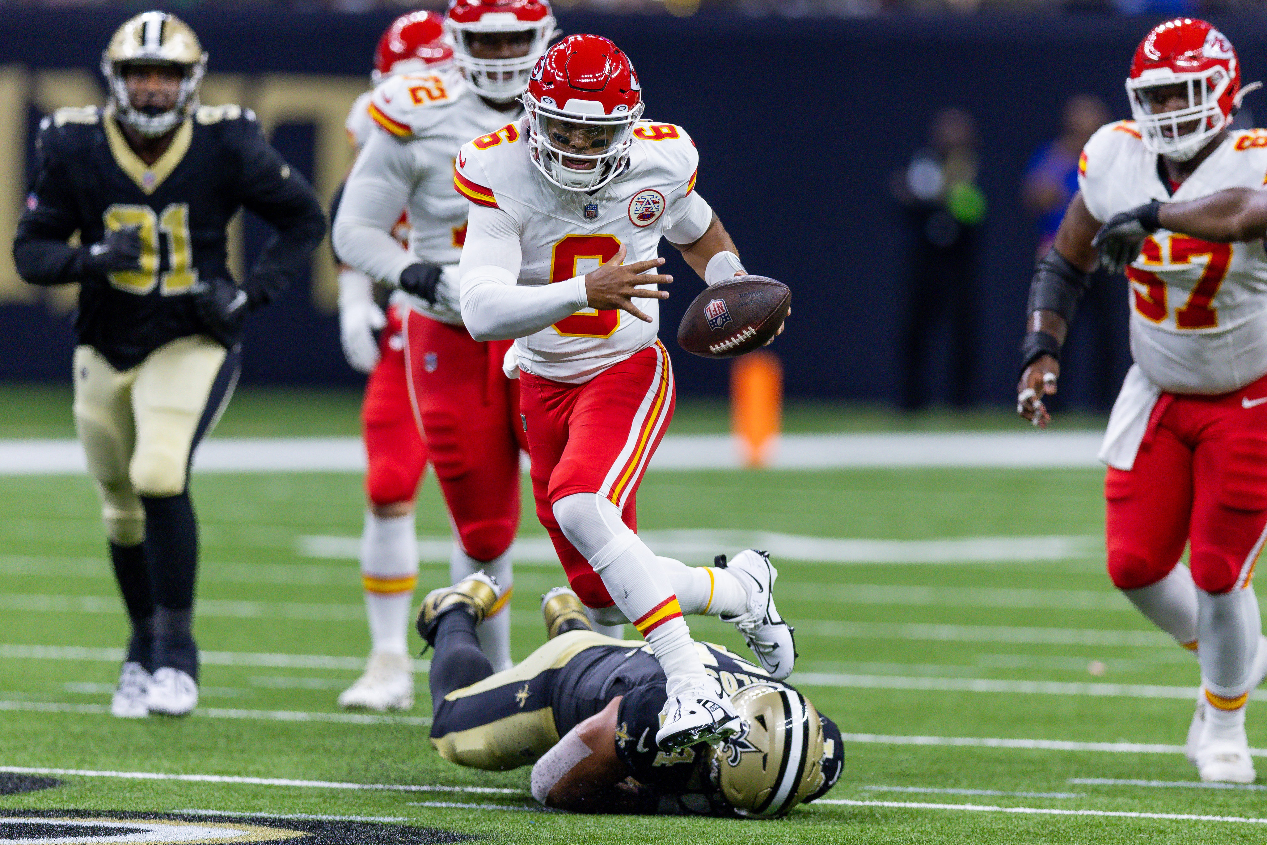 New Orleans, Louisiana, USA. 14th Aug, 2023. New Orleans Saints safety  Smoke Monday smiles after his team intercepted the ball from the Kansas  City Chiefs in an NFL preseason game in New