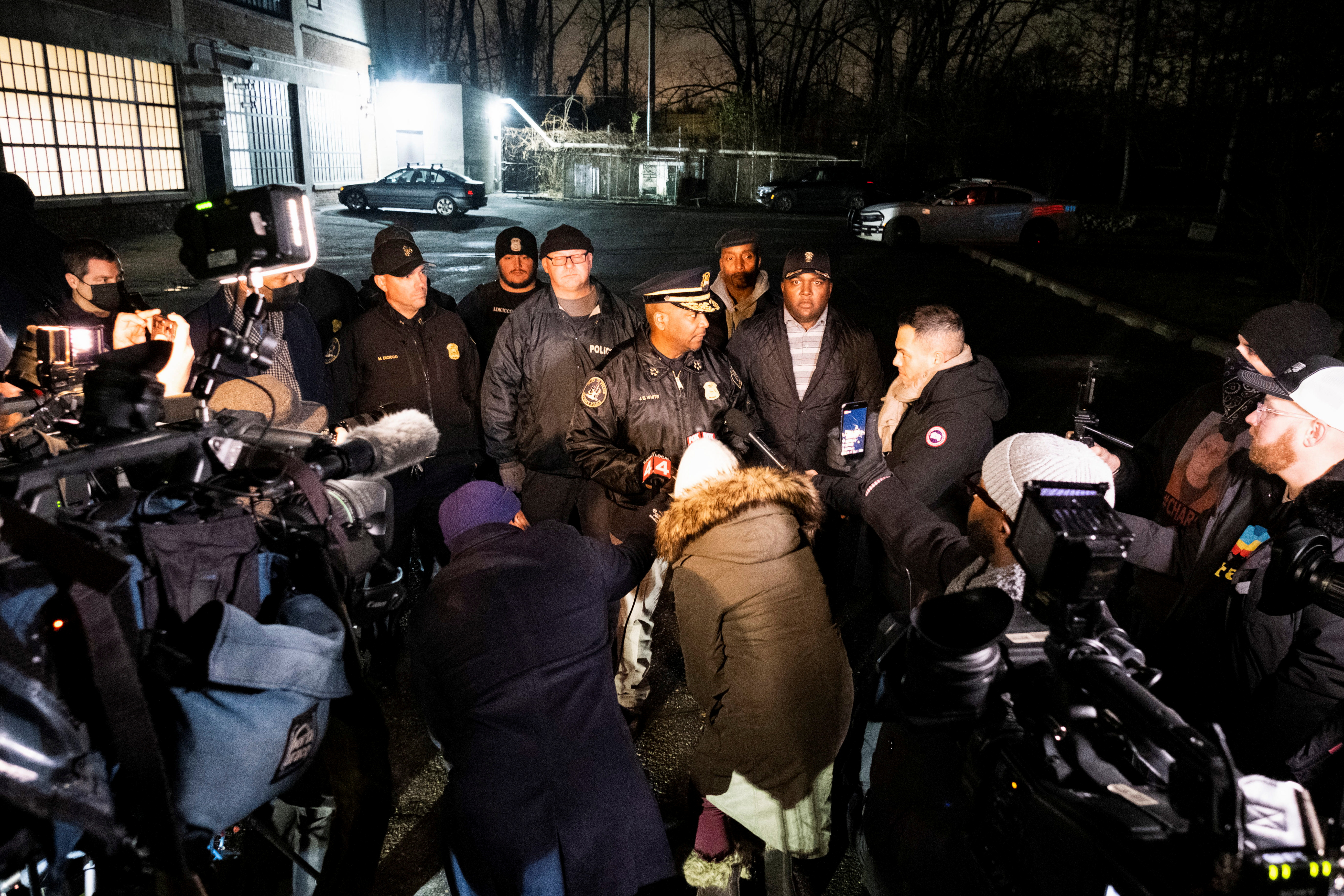 Detroit Police Chief James White speaks to the media outside of the Detroit Impression Company where the parents of school shooter Ethan Crumbley were found hiding and taken into police custody early Saturday morning in Detroit, U.S., December 4,2021.  REUTERS/Seth Herald
