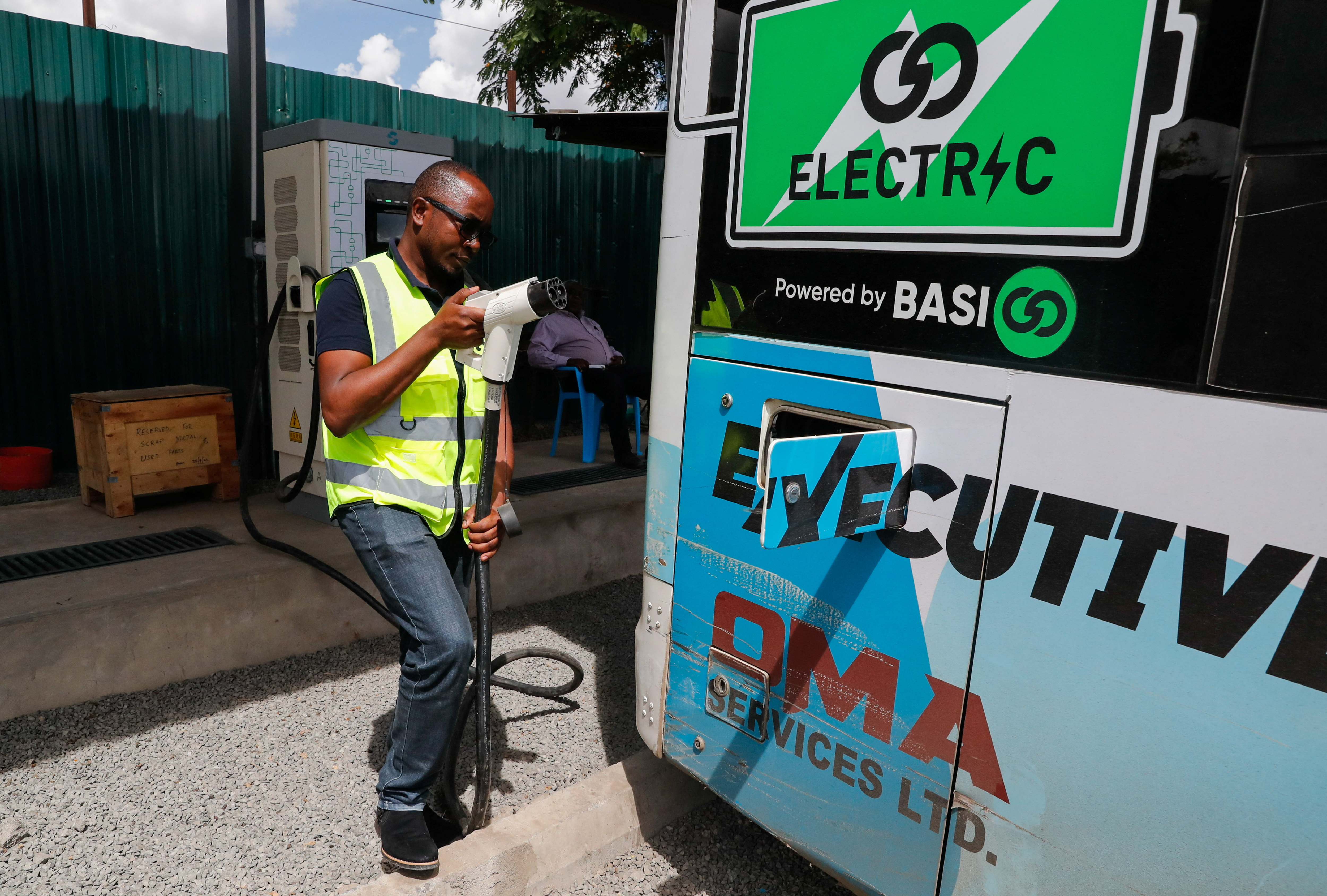 Electric bus operated by BasiGo public transportation alternative to diesel, at the Buru Buru charging station in Nairobi