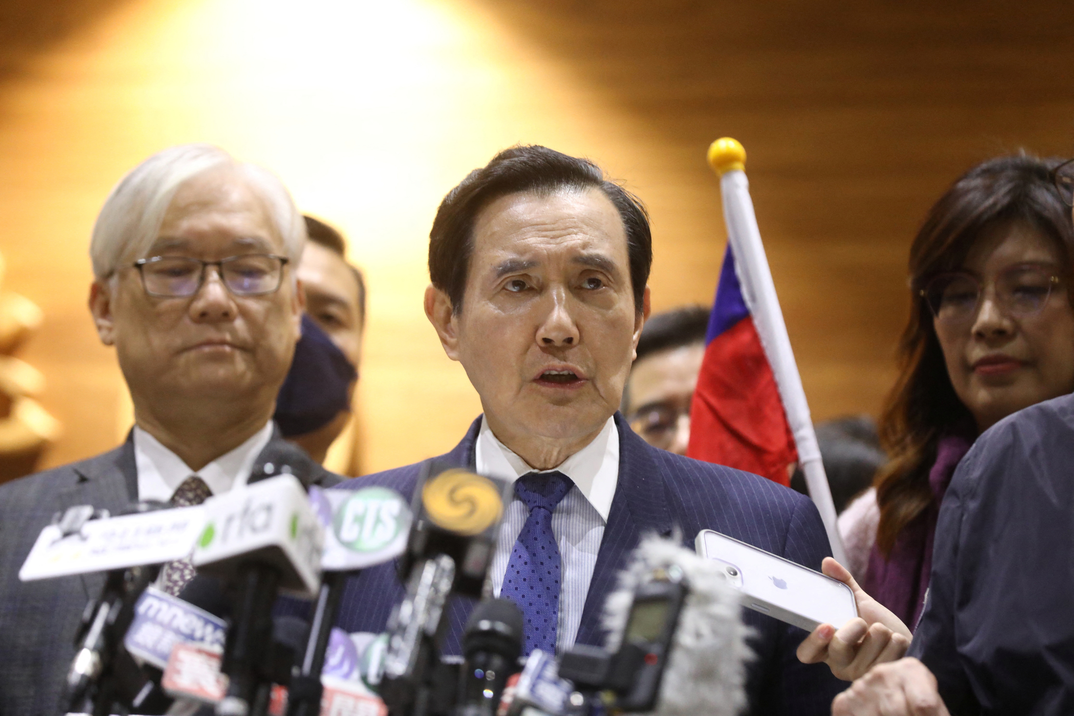 Former Taiwanese President Ma Ying-jeou speaks to the media at Taoyuan international airport after concluding his 12-day trip to China in Taoyuan