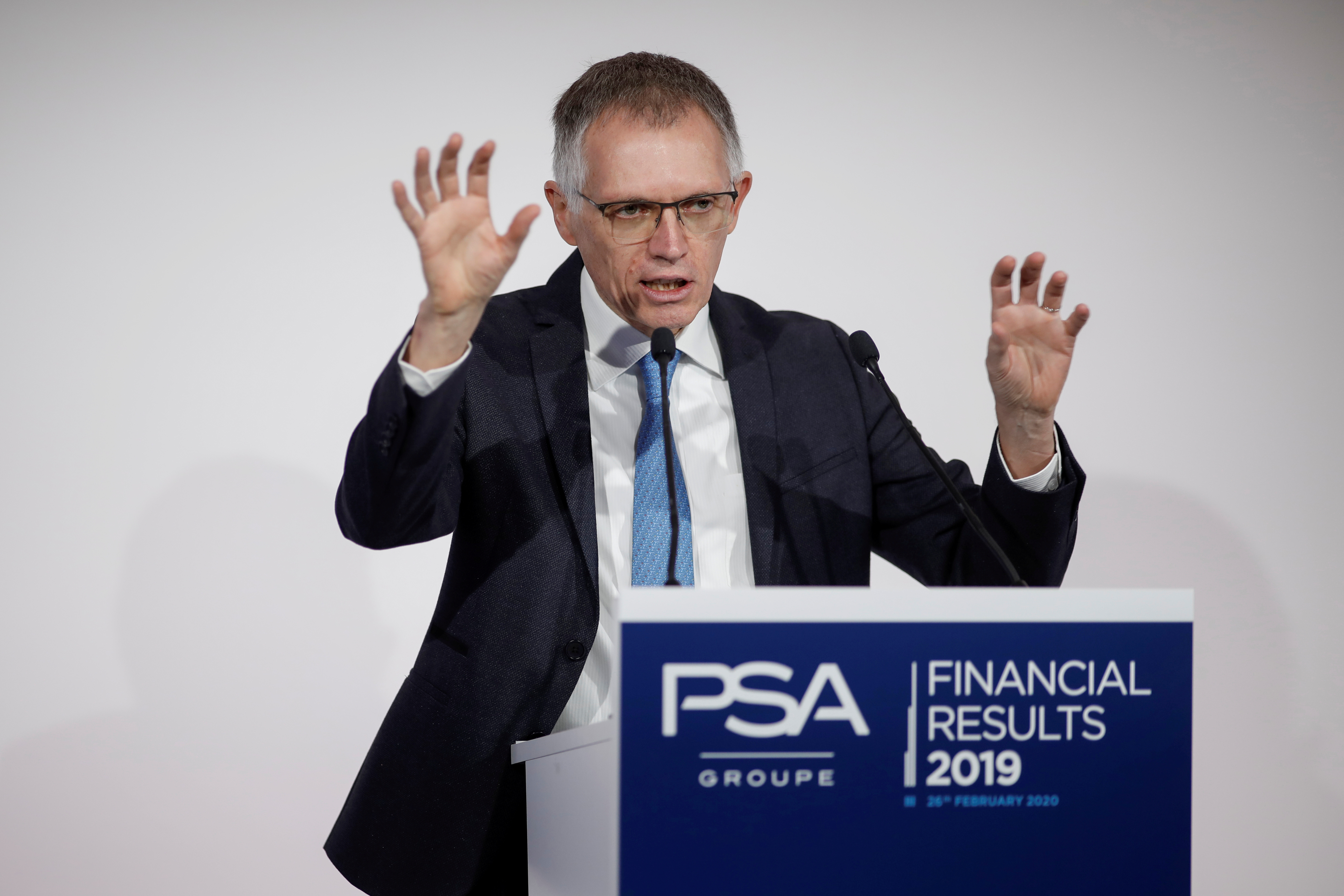 Carlos Tavares, chief executive officer of PSA Group, speaks during the annual results news conference at their headquarters in Rueil-Malmaison, near Paris