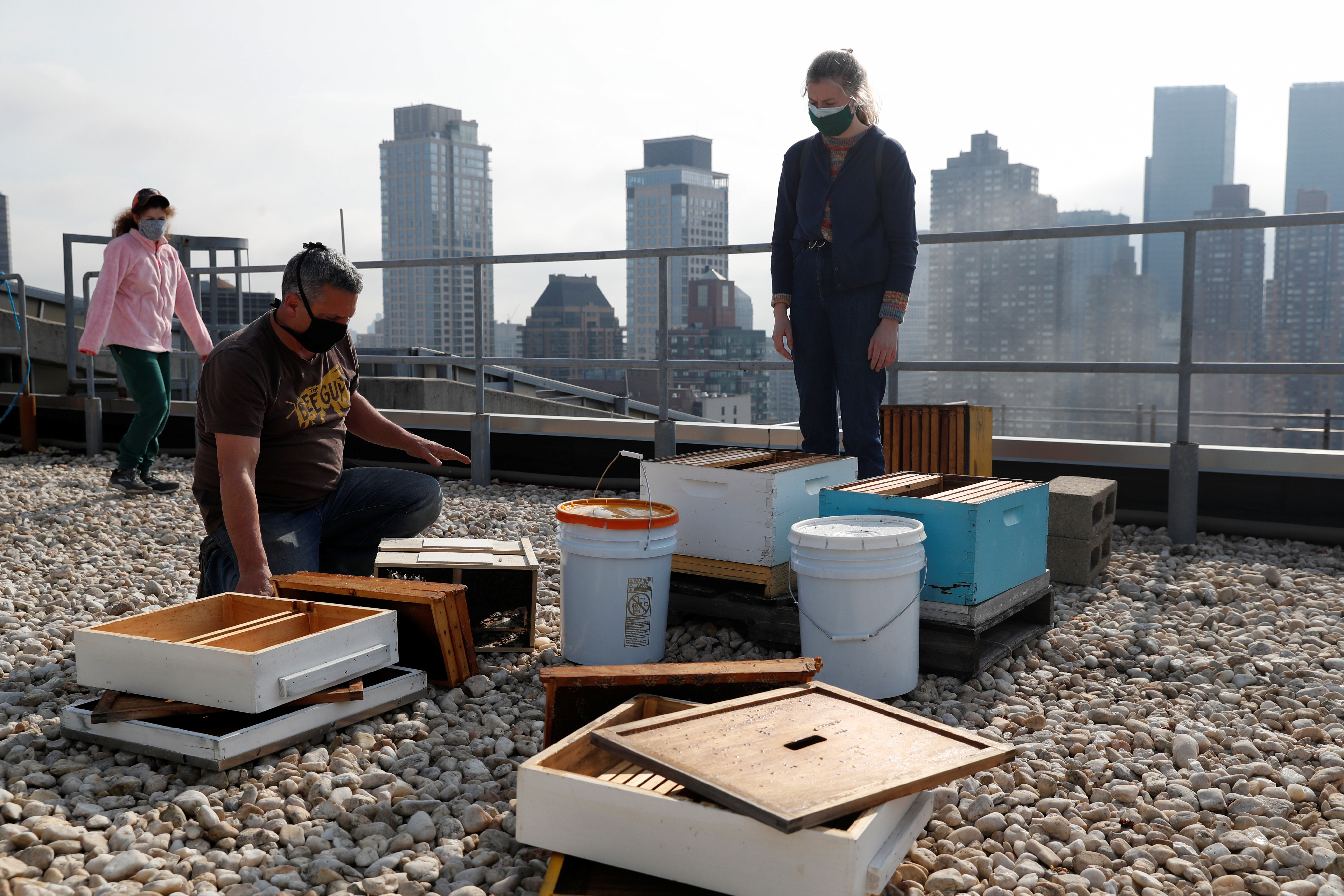 Urban beekeeper Andrew Cote replenishes bee hives on a rooftop building in New York City