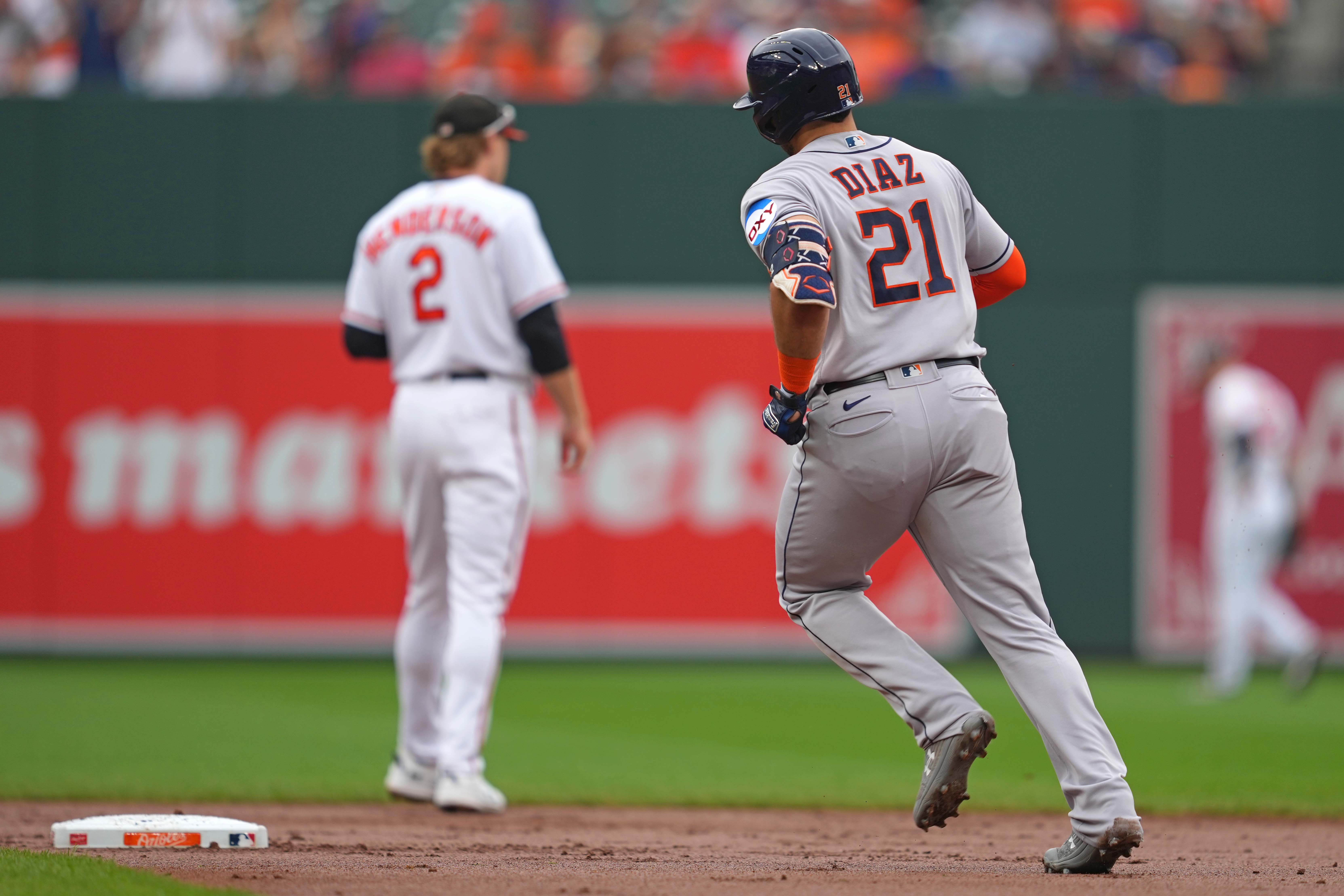 Baltimore Orioles pitcher Dean Kremer, right, is congratulated by catcher  Adley Rutschman after pitching a 6-0 shutout against the Houston Astros in  a baseball game, Friday, Sept. 23, 2022, in Baltimore. (AP