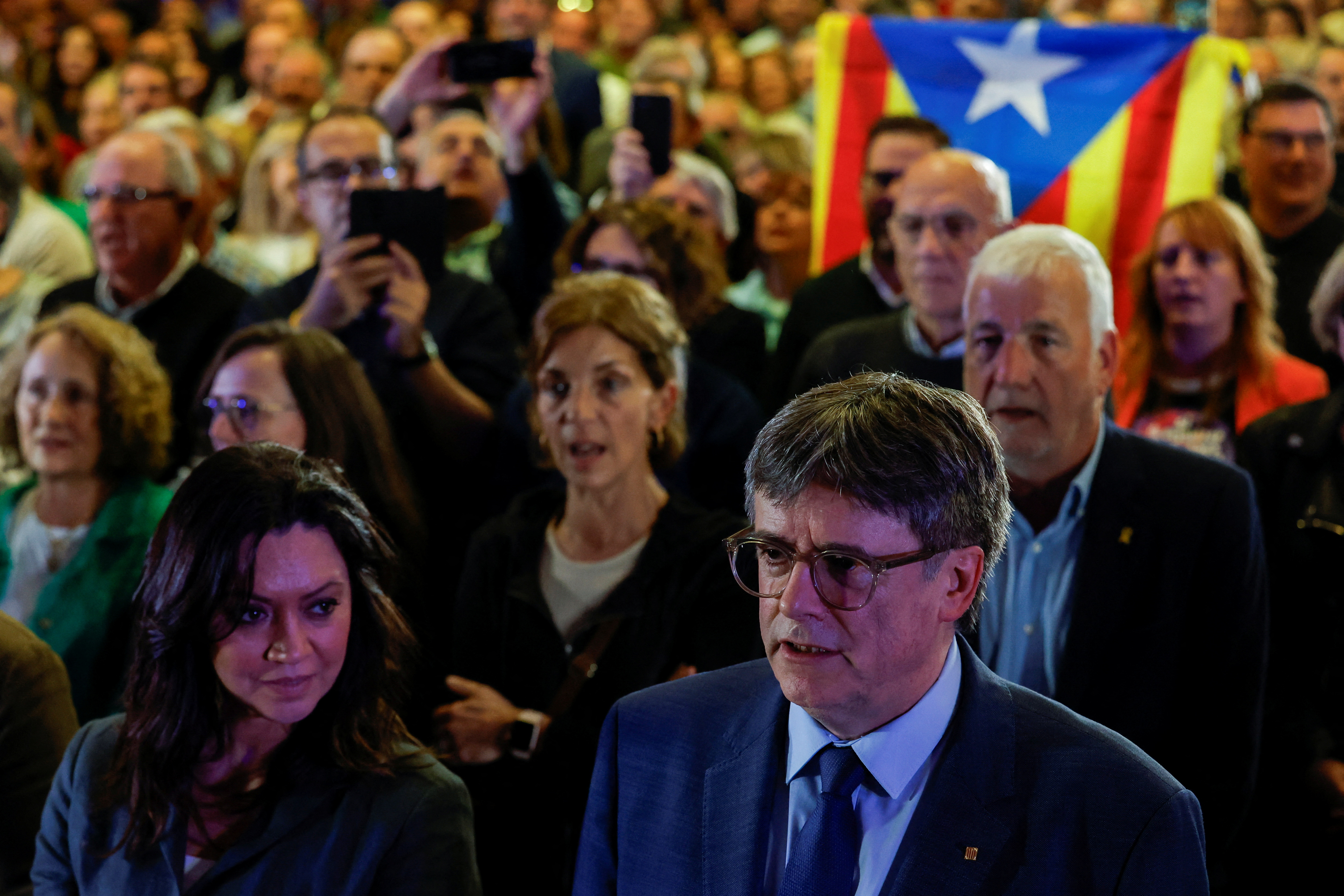 Catalan separatist leader Carles Puigdemont gives a press conference in Elne