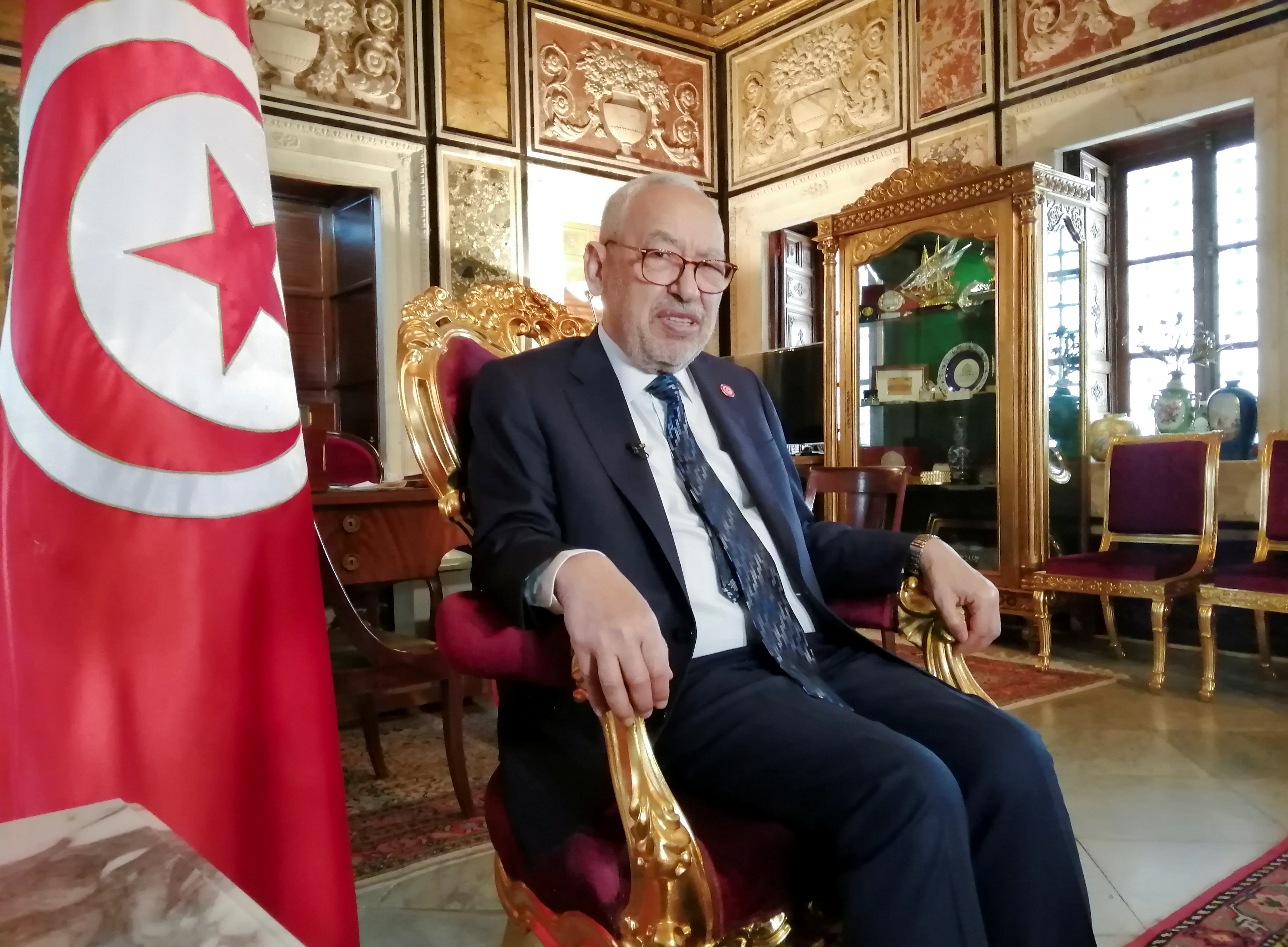 Parliament Speaker Rached Ghannouchi speaks during an interview with Reuters in his office, in Tunis