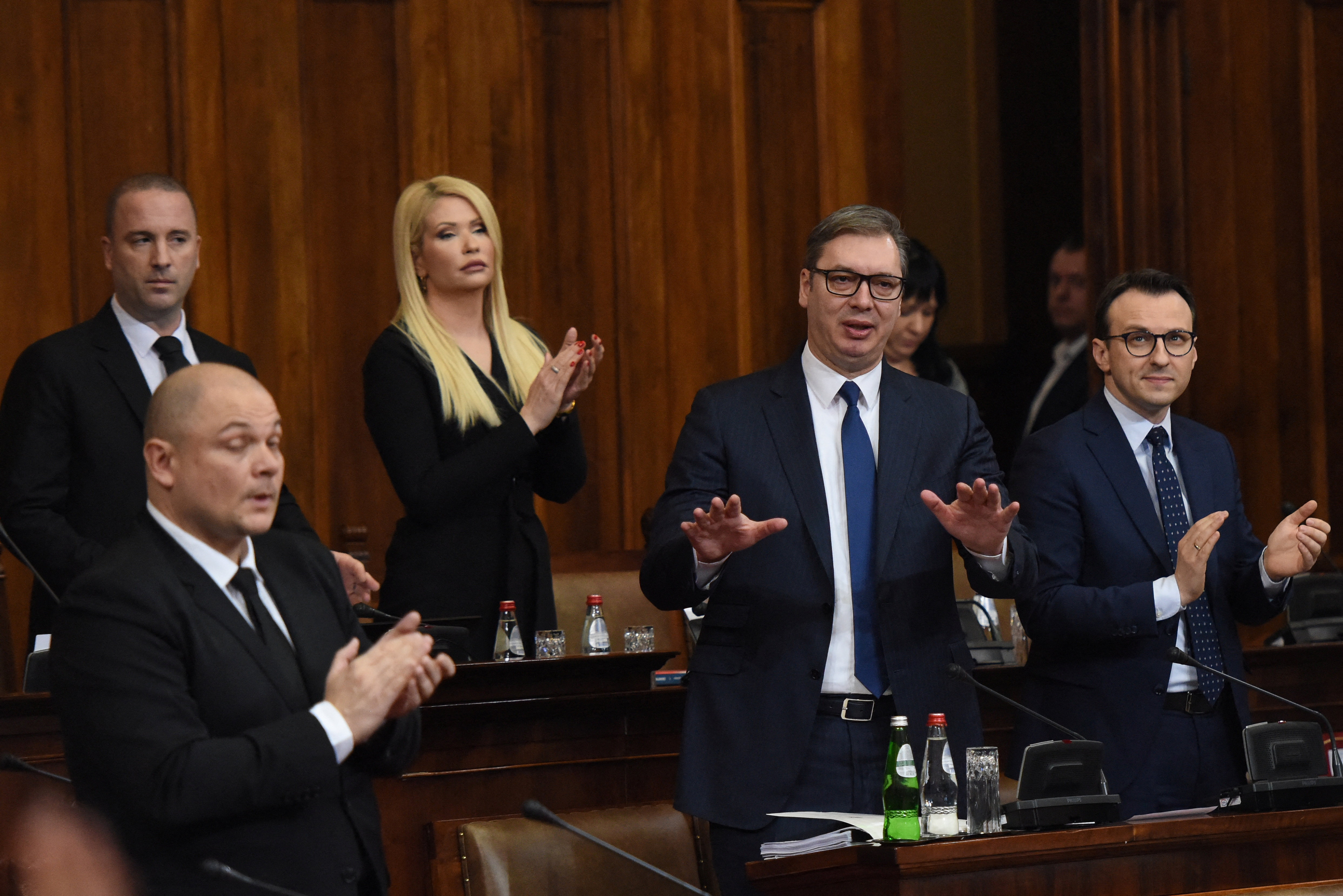 Serbia's President Aleksandar Vucic gestures during a special session of Serbia's parliament about the negotiations process with Kosovo in Belgrade