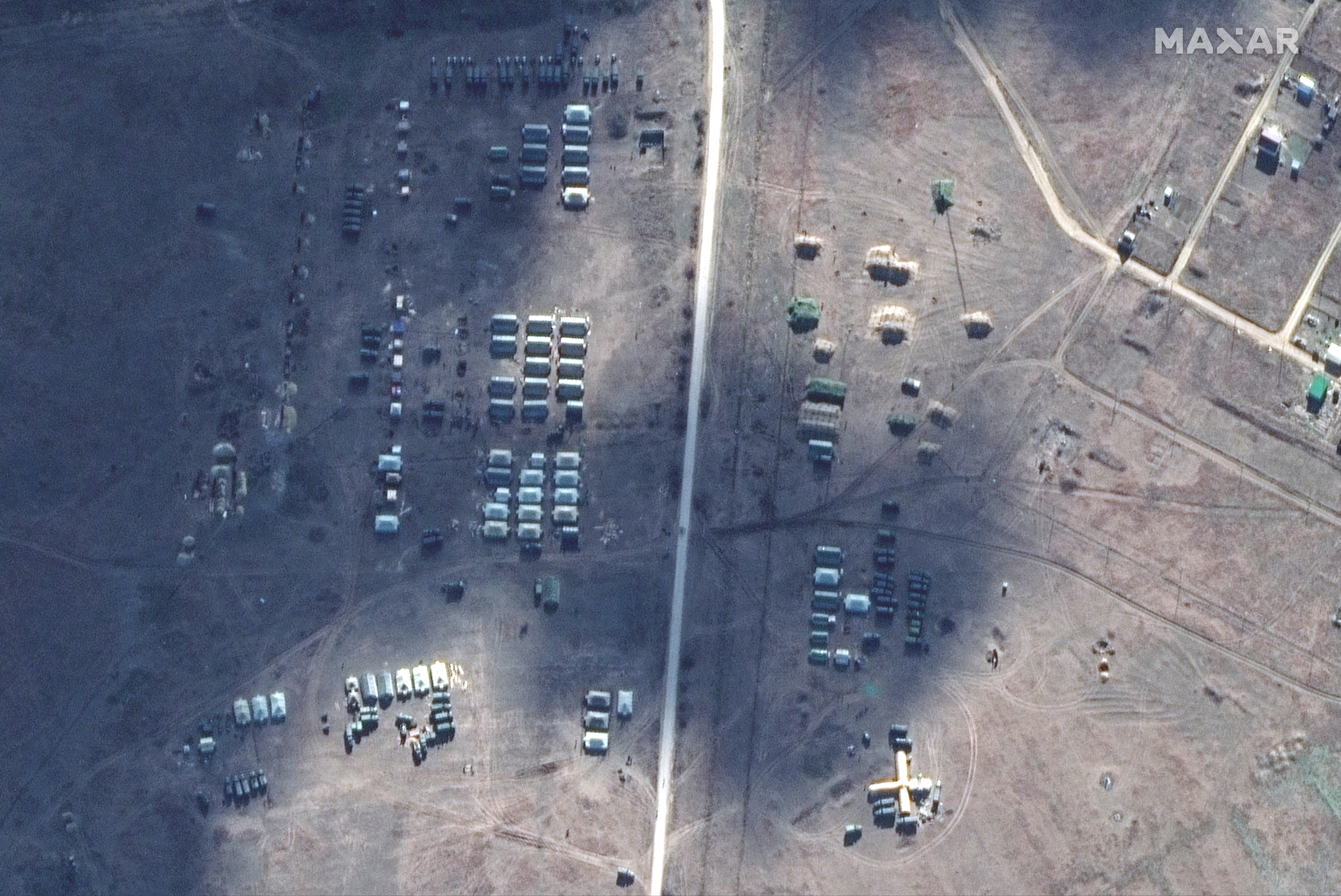 A satellite image shows troop tents and a field hospital in Novoozernoye