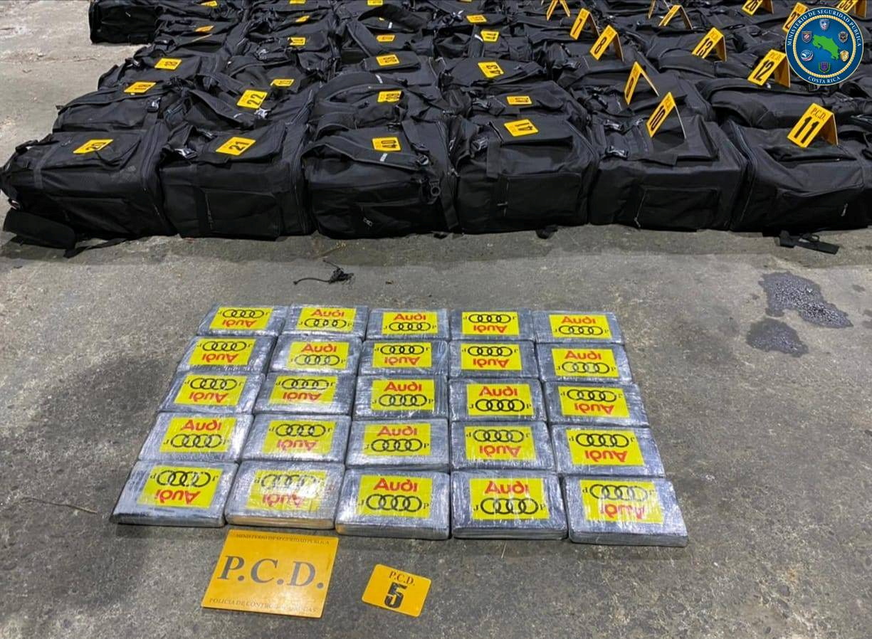 Packages containing cocaine seized during an operation of the Drug Control Police where 4.3 tones of cocaine was found hidden inside containers transported on a ship from Colombia, in Limon