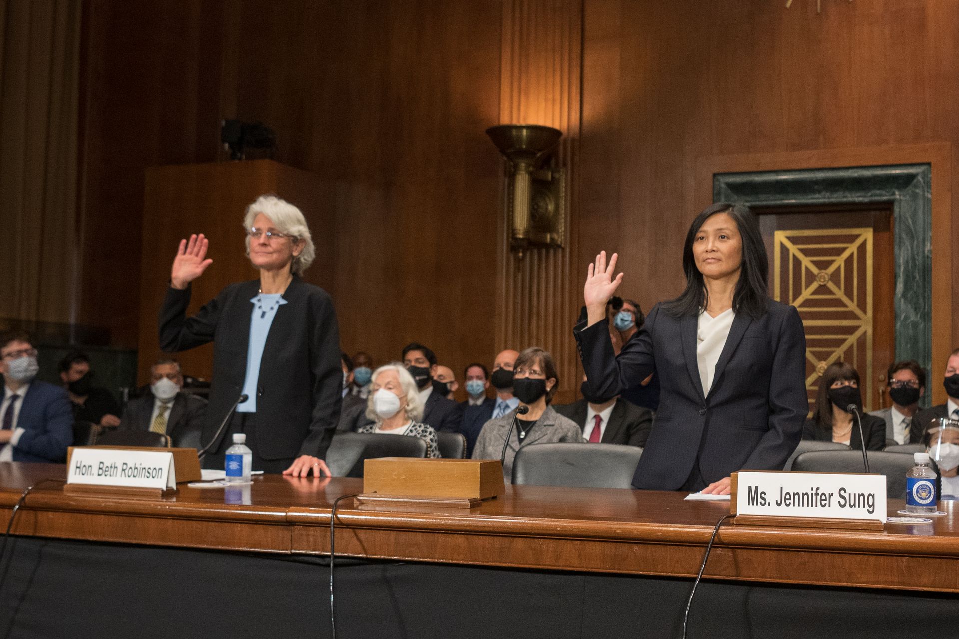 Beth Robinson (L) and Jennifer Sung (R) testify before the Senate Judiciary Committee, Sept. 14, 2021. REUTERS via Senate Handout