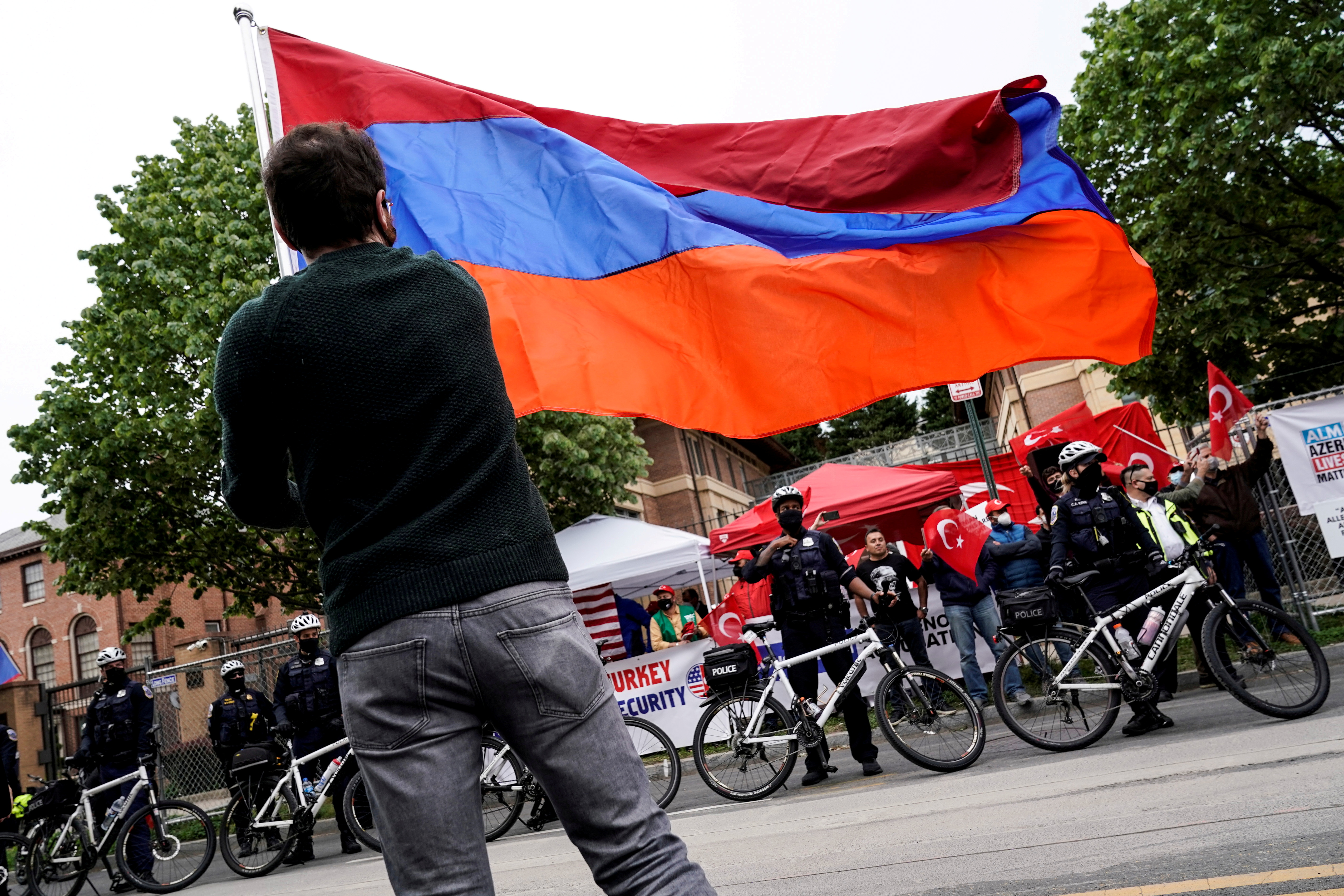 Members of the Armenian diaspora rally in front of the Turkish Embassy after U.S. President Joe Biden recognized that the 1915 massacres of Armenians in the Ottoman Empire constituted genocide in Washington, U.S., April 24, 2021.      REUTERS/Joshua Roberts/File Photo