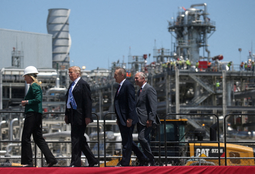 U.S. President Trump walks with Sempra management at Cameron LNG Export Facility in Hackberry, Louisiana