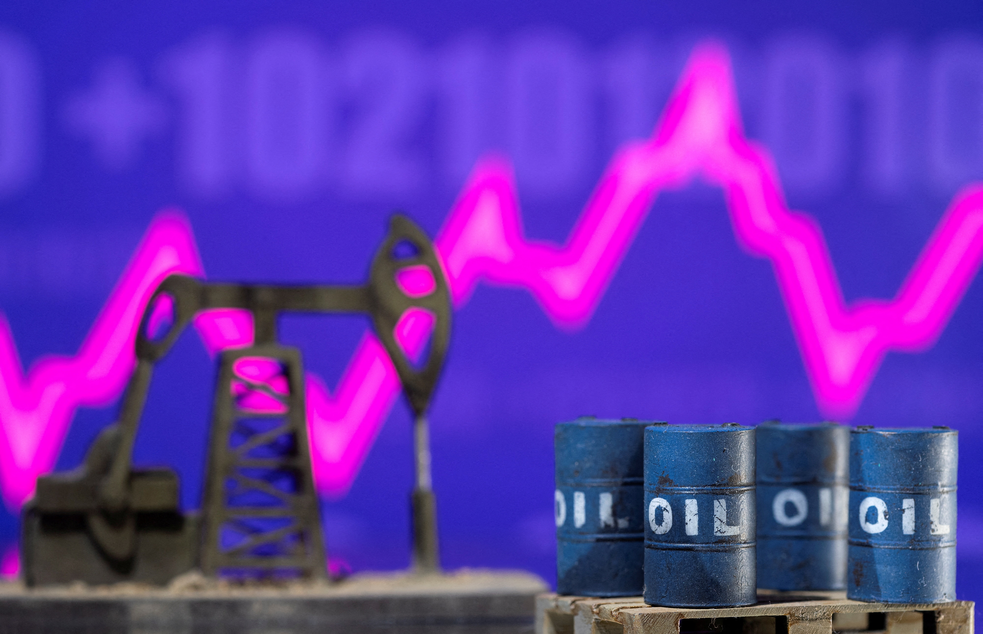 Models of oil barrels and a pump jack are displayed in front of a rising stock graph and 