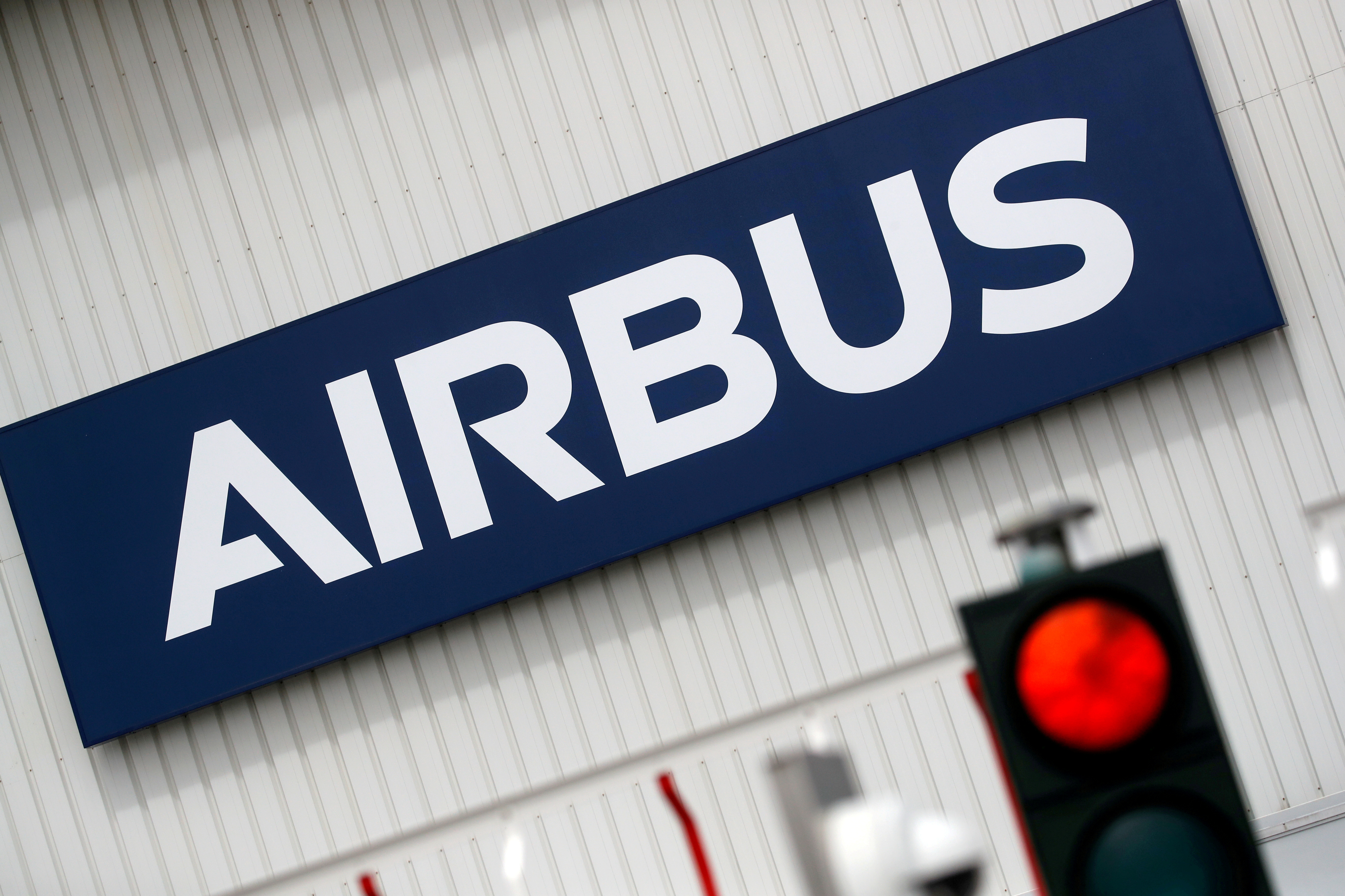 Airbus logo at the entrance of the Airbus facility in Bouguenais