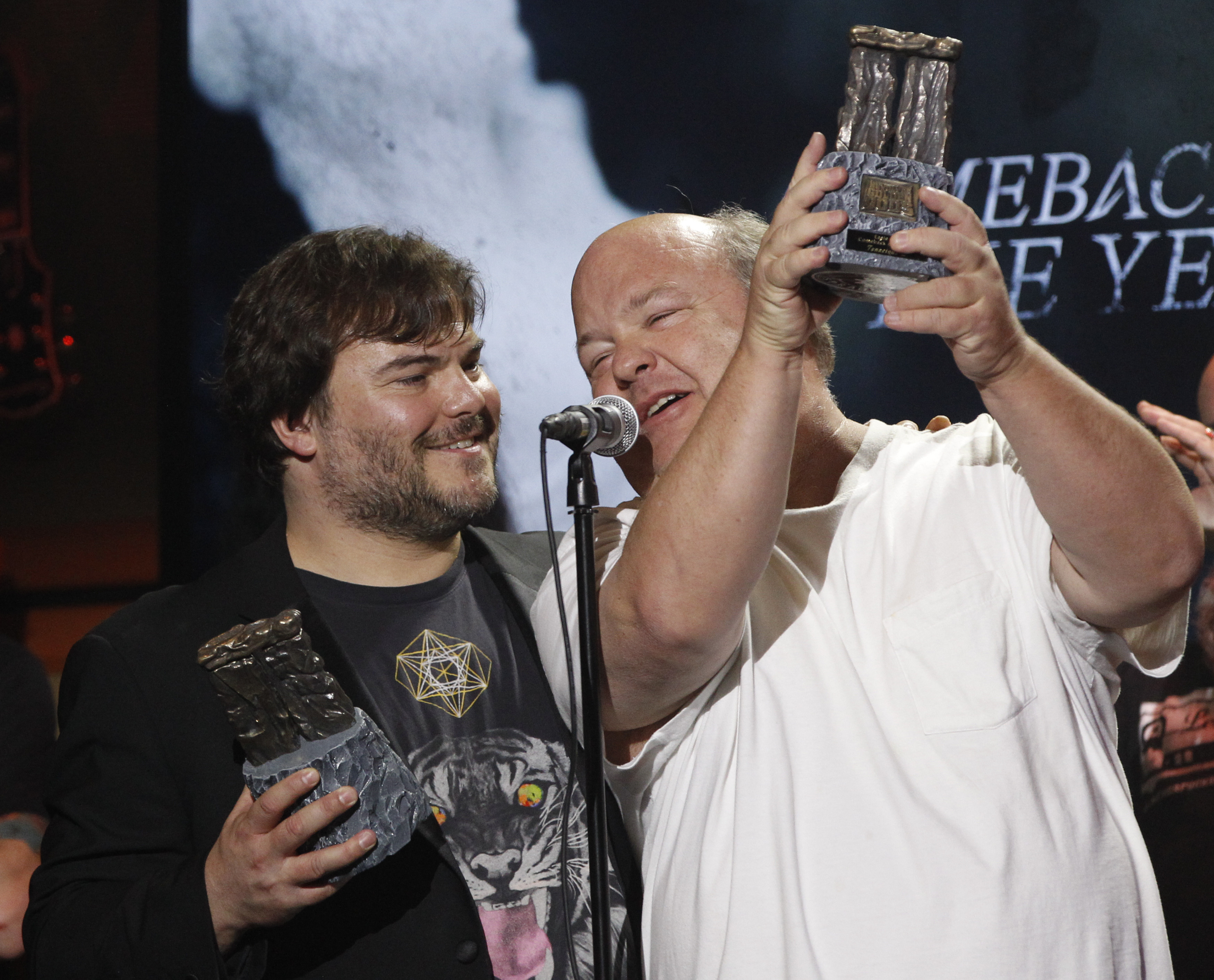Black and Gass of duo Tenacious D accept the award for Comeback of the Year at the fifth annual Golden Gods awards at Club Nokia in Los Angeles