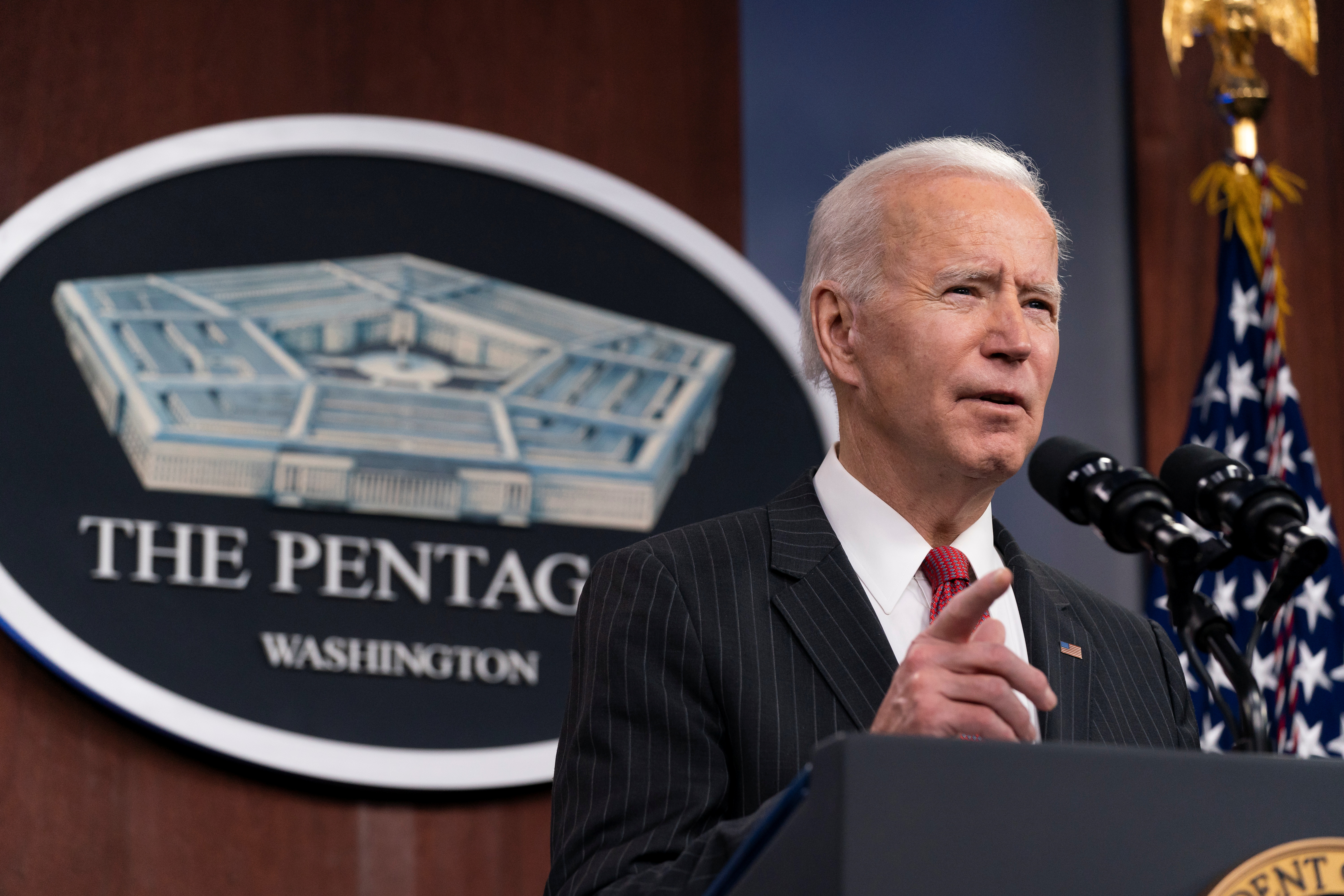U.S. President Joe Biden speaks at the Pentagon in Arlington, Virginia, U.S., February 10, 2021. Alex Brandon/Pool via REUTERS