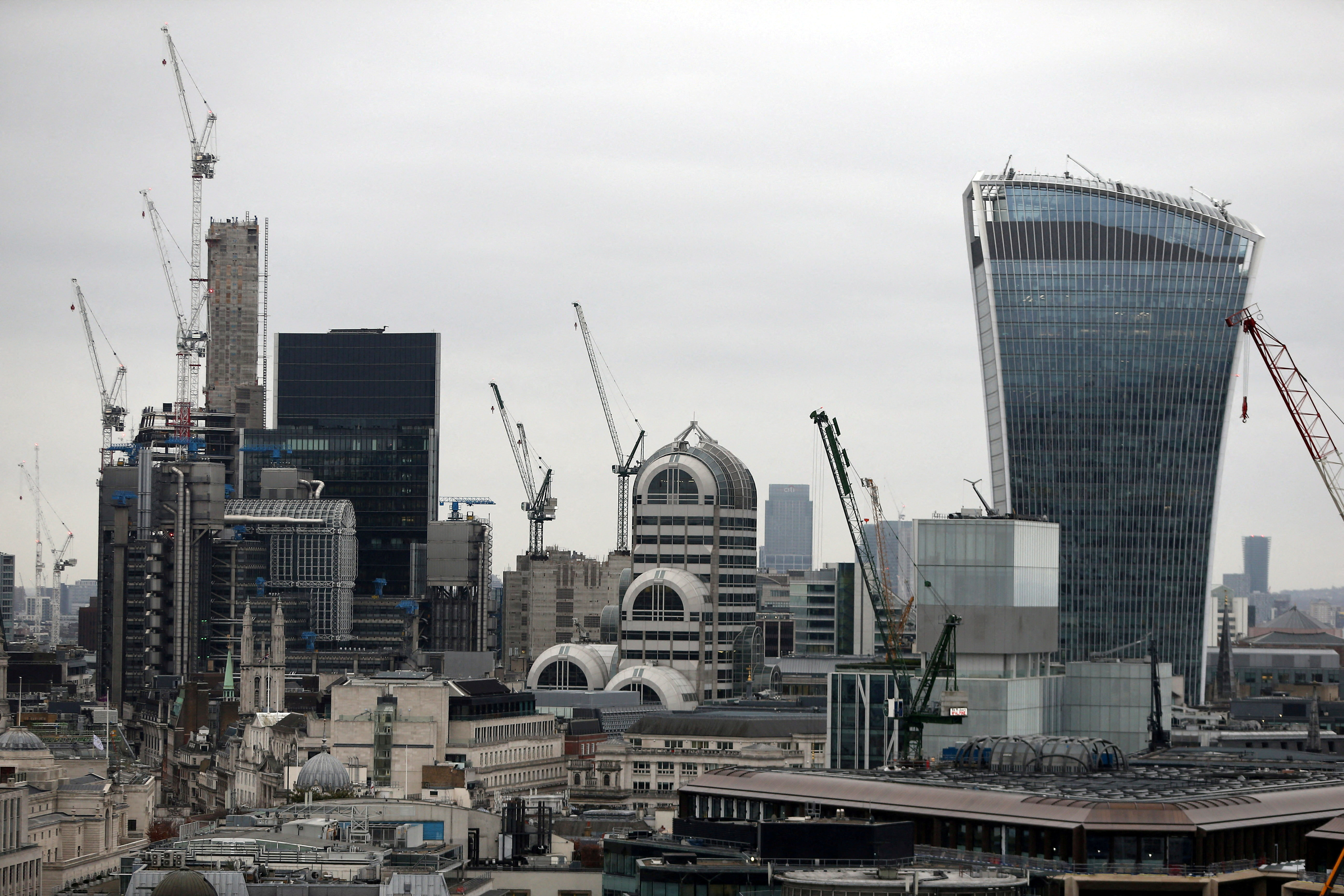A view of the London skyline shows the City of London financial district, seen from St Paul's Cathedral in London