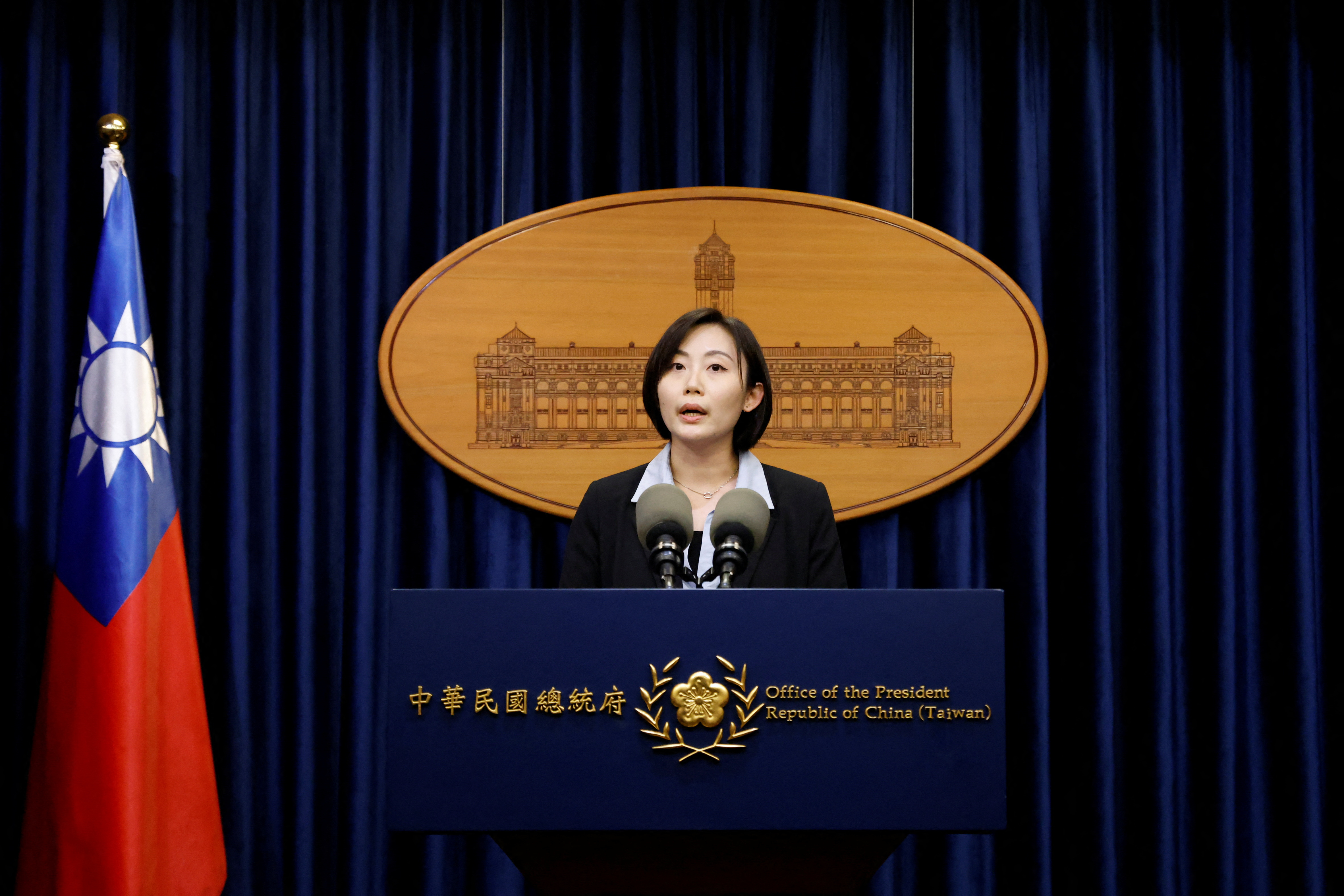 Taiwan presidential office spokesperson Lin Yu-chan speaks during a news conference in Taipei