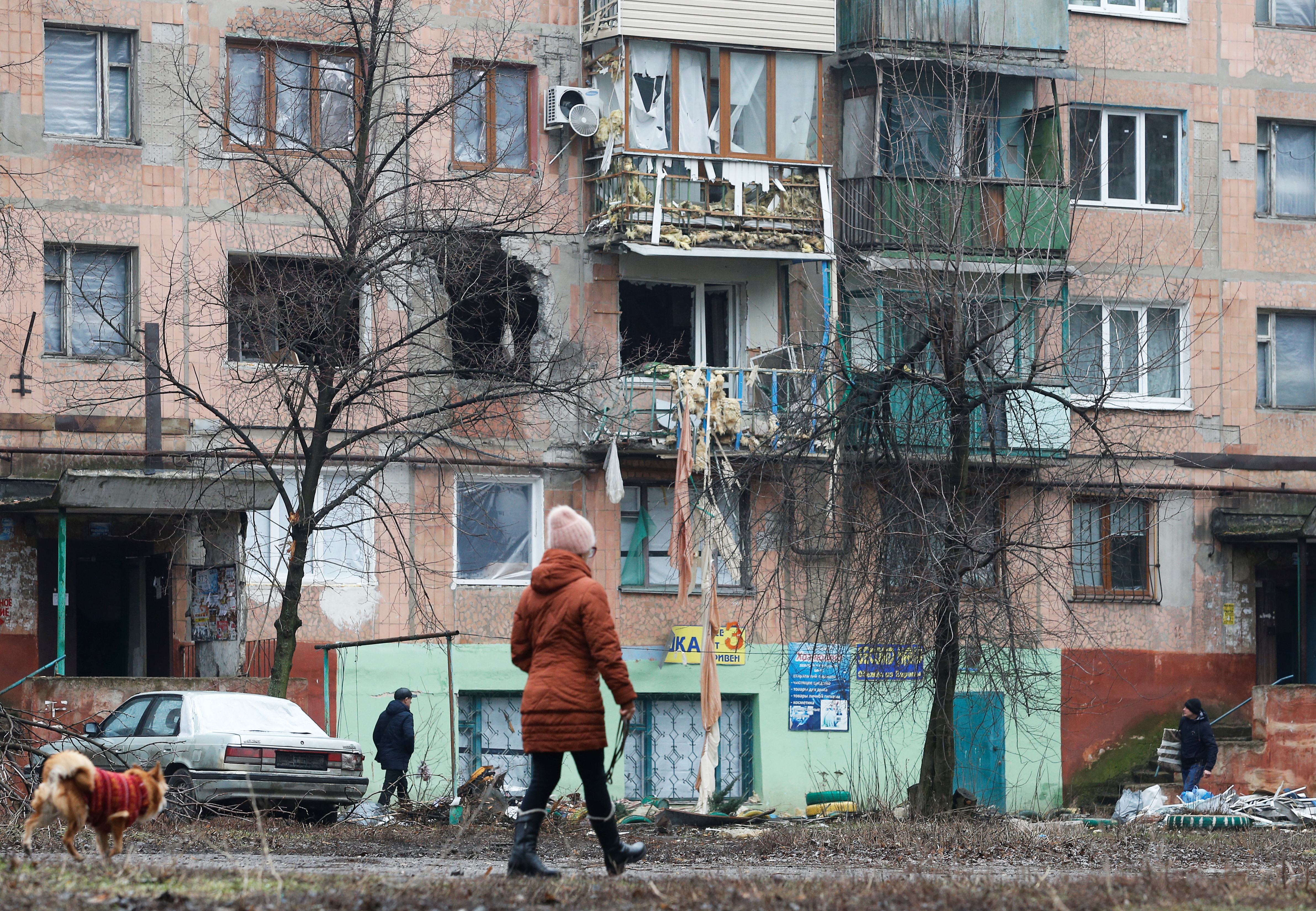 A view shows a residential building, which locals said was damaged by recent shelling in Horlivka