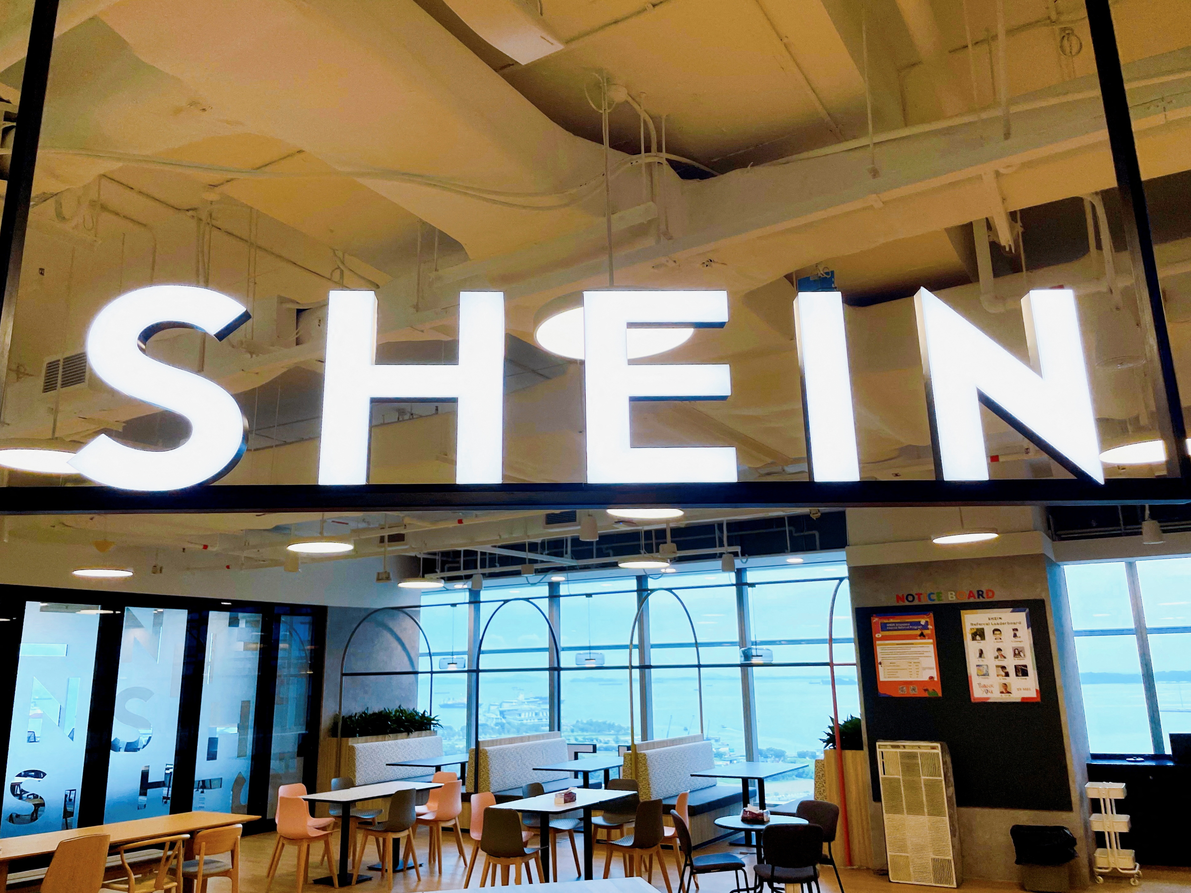 A Shein logo is pictured at the company's office in the central business district of Singapore