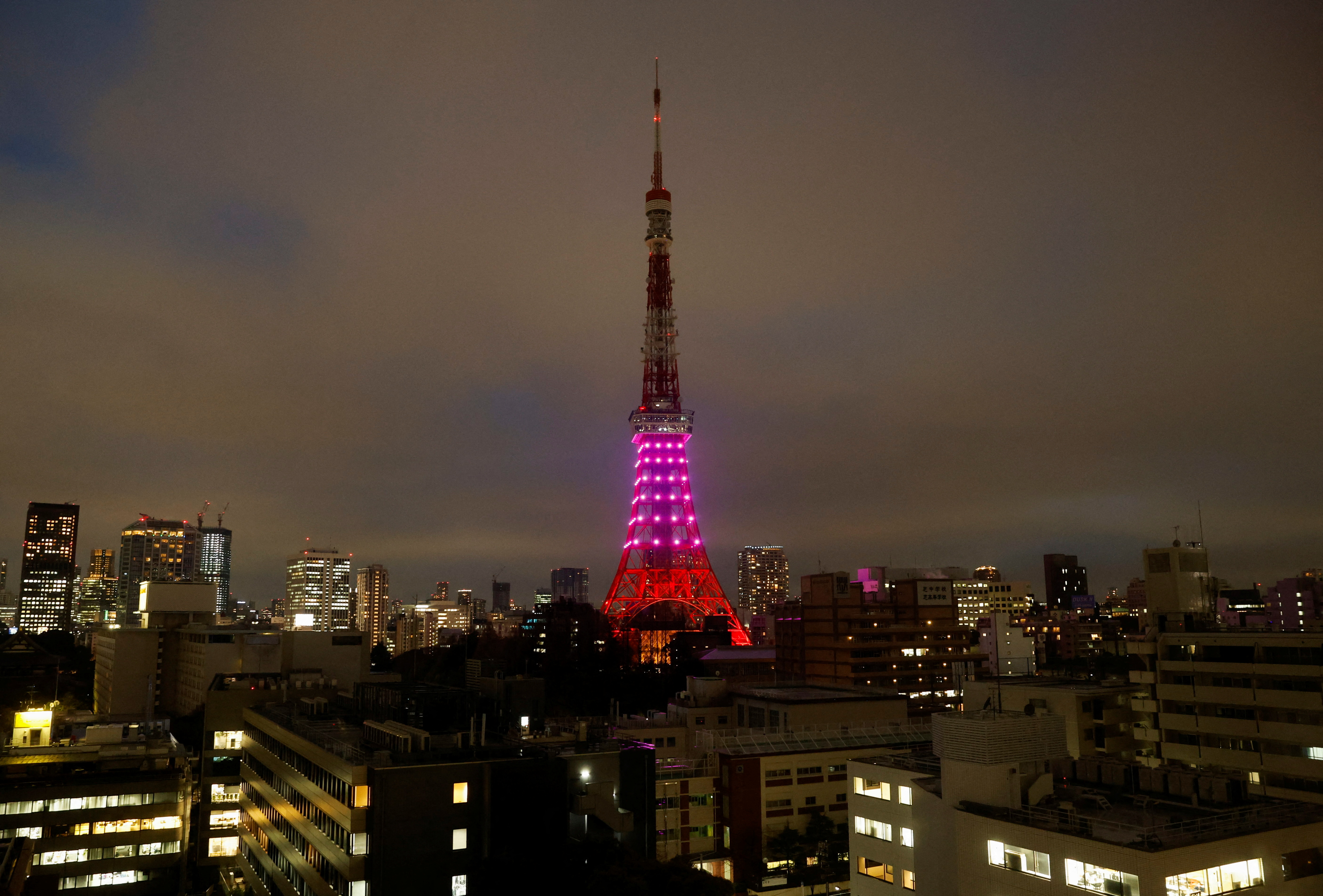 Tokyo Tower is illuminated only in the lower-half part in response to the government's request to save electricity in Tokyo