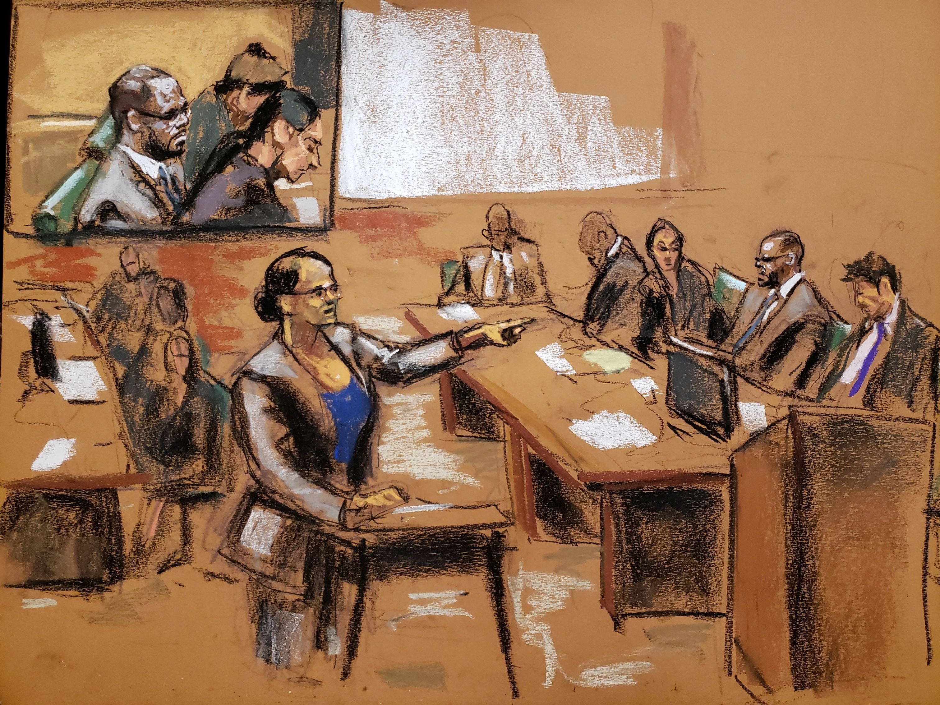 Assistant U.S. Attorney Maria Cruz Melendez points at R Kelly at Brooklyn's Federal District Court