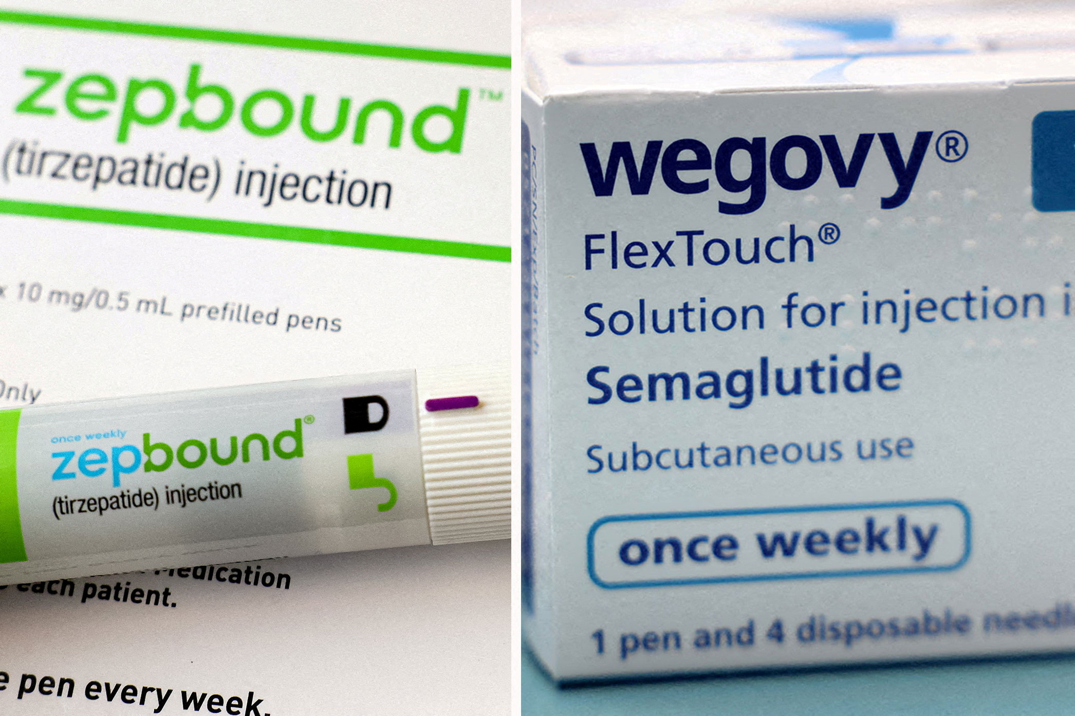 A combination image shows an injection pen of Zepbound, Eli Lilly's weight loss drug, and boxes of Wegovy, made by Novo Nordisk