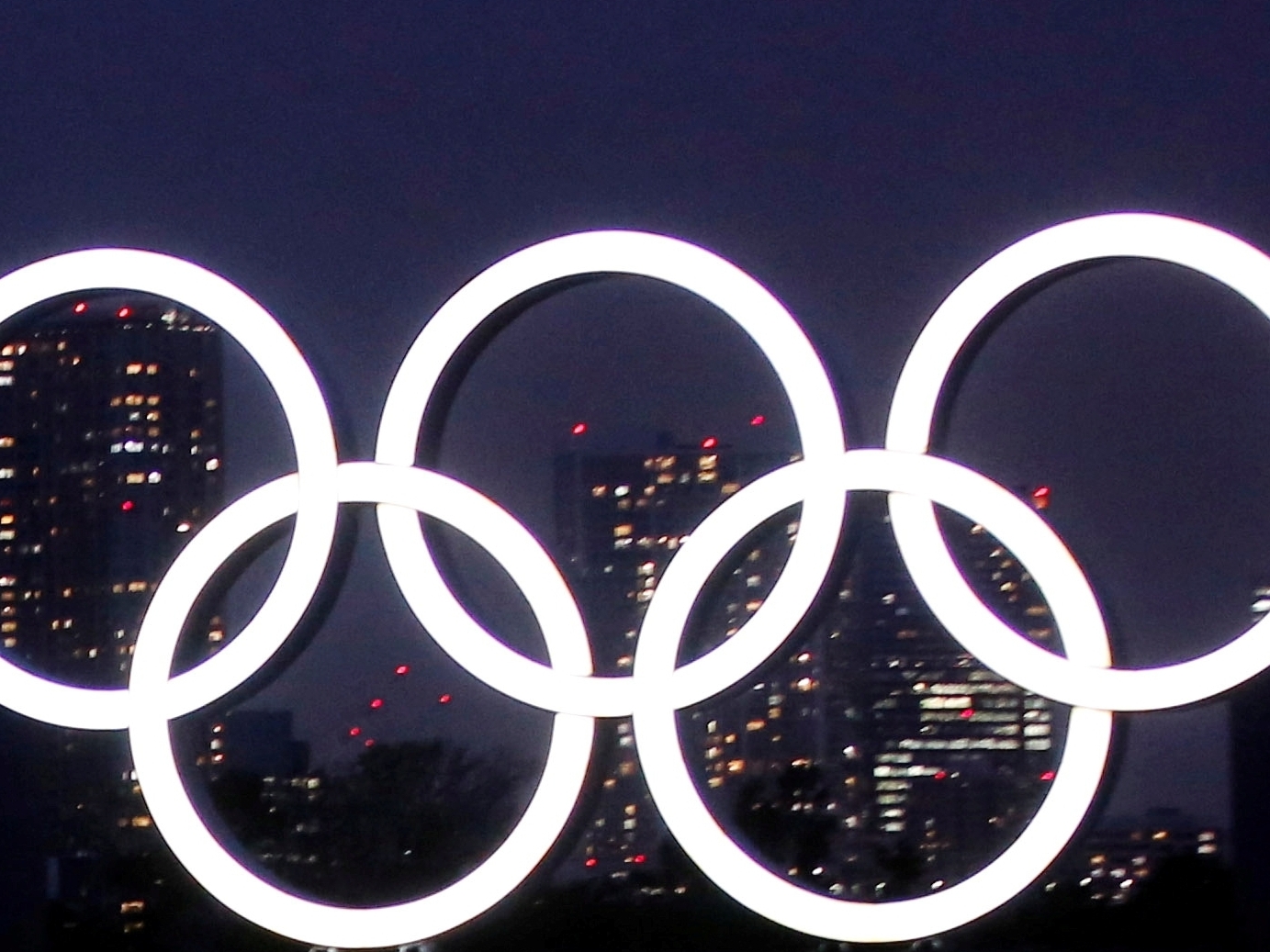 An Olympic rings monument is pictured in the waterfront area at Odaiba Marine Park in Tokyo