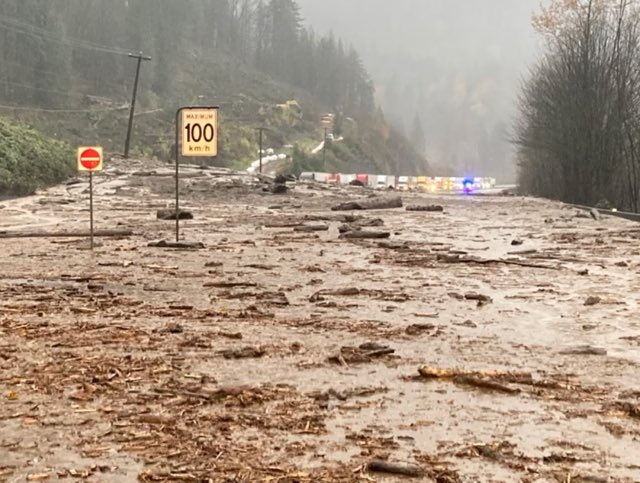 A view of a road near Popkum following mudslides and flooding in British Columbia, Canada November 14, 2021, in this picture obtained from social media on November 15, 2021.  Courtesy of British Columbia Transportation/via REUTERS