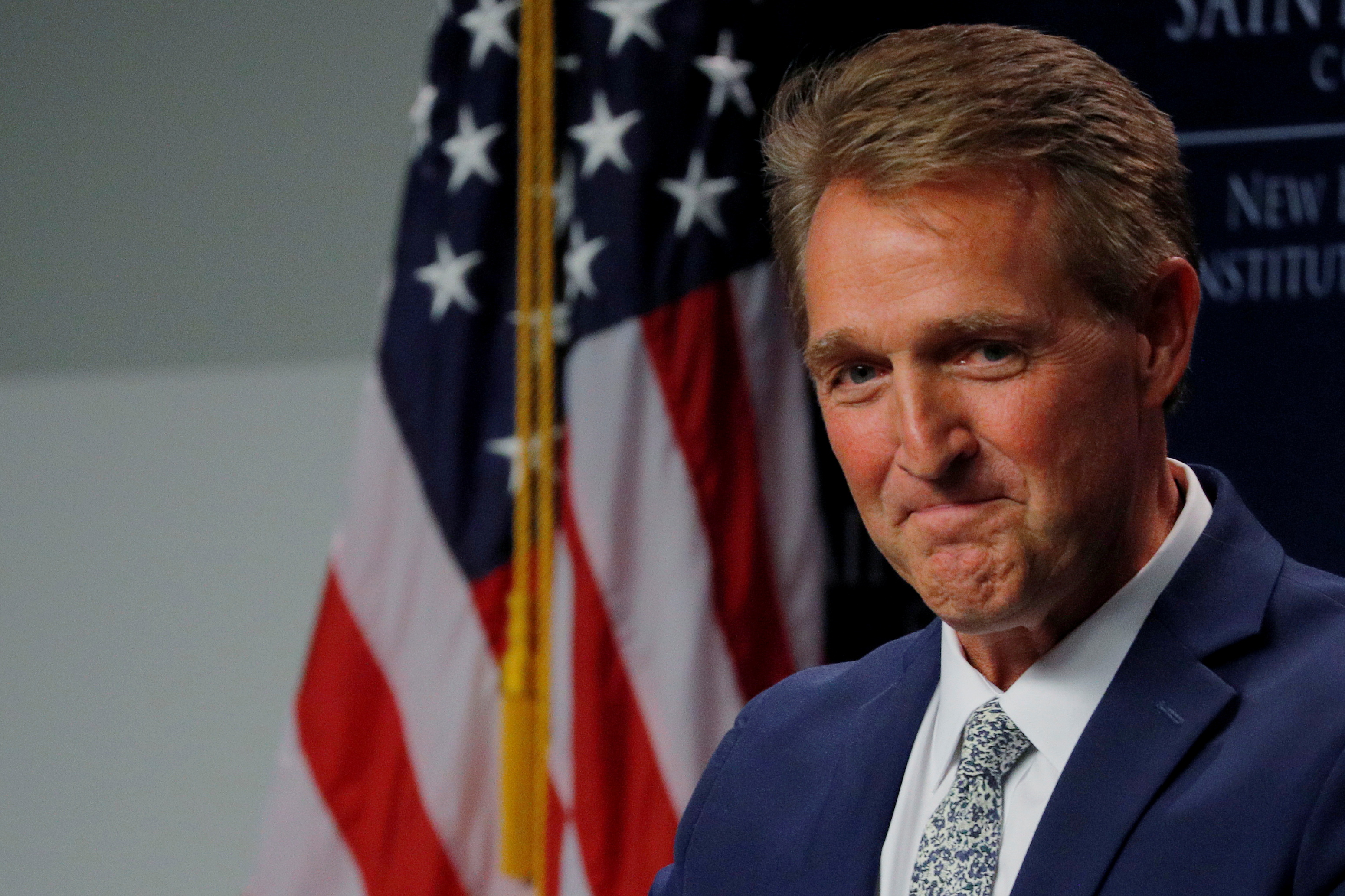 Then-U.S. Senator Jeff Flake (R-AZ) speaks at the Institute of Politics at Saint Anselm College in Manchester, New Hampshire, U.S., October 1, 2018.   REUTERS/Brian Snyder/File Photo