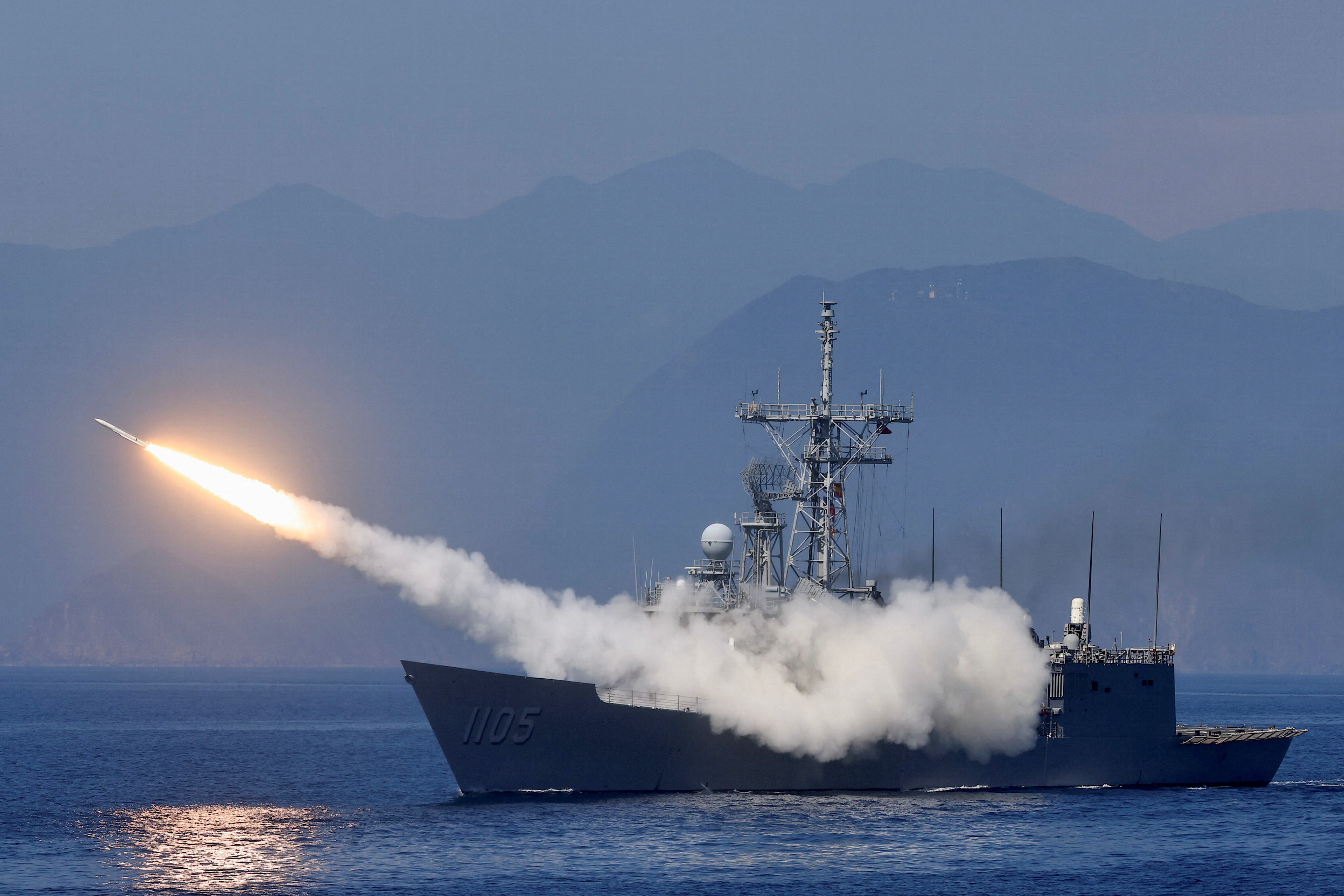 A missile is fired from ROCS Chi Kuang as part of Taiwan's main annual 