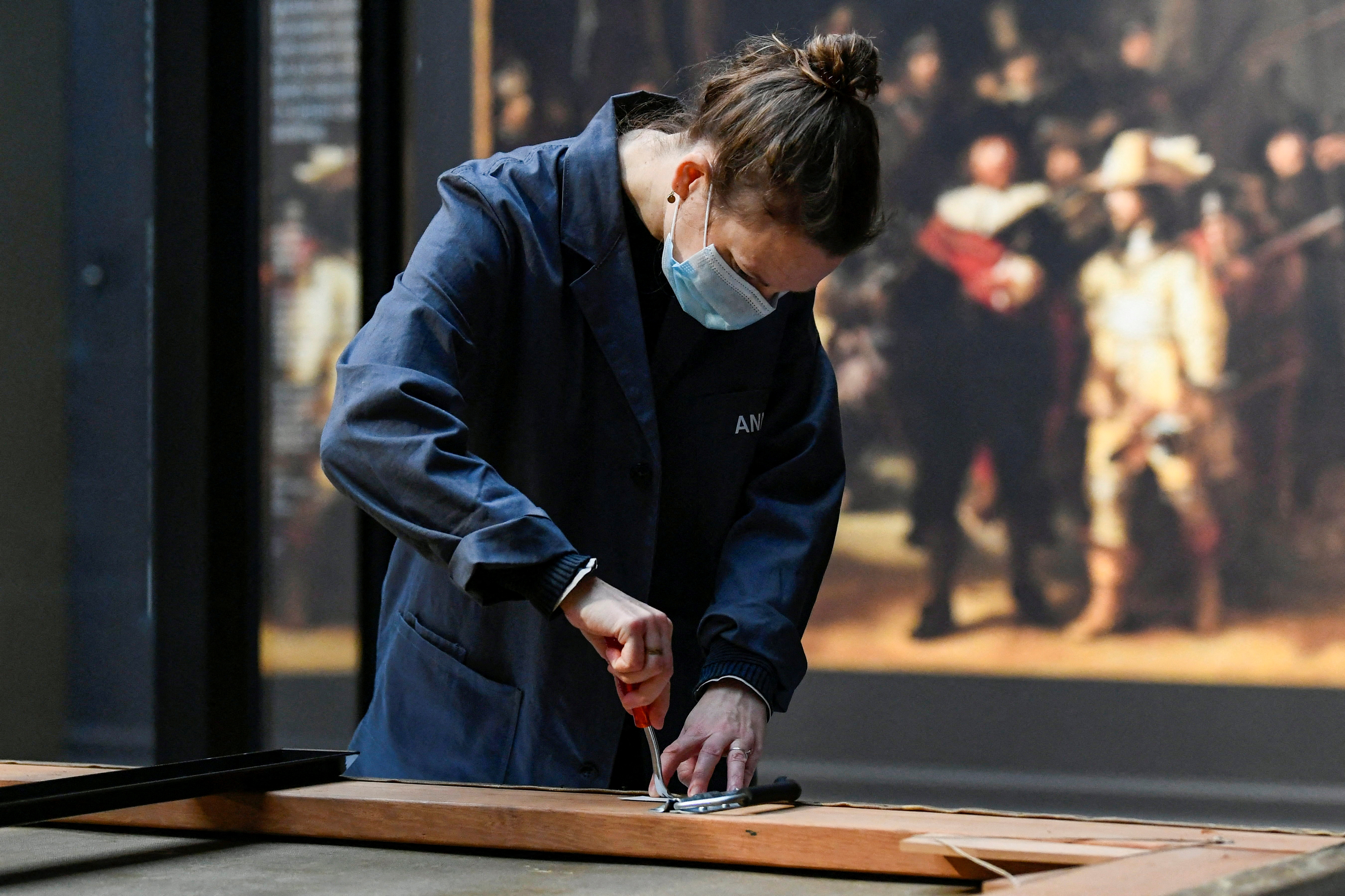Rembrandt's painting 'The Night Watch' taken down for restoration, in Amsterdam