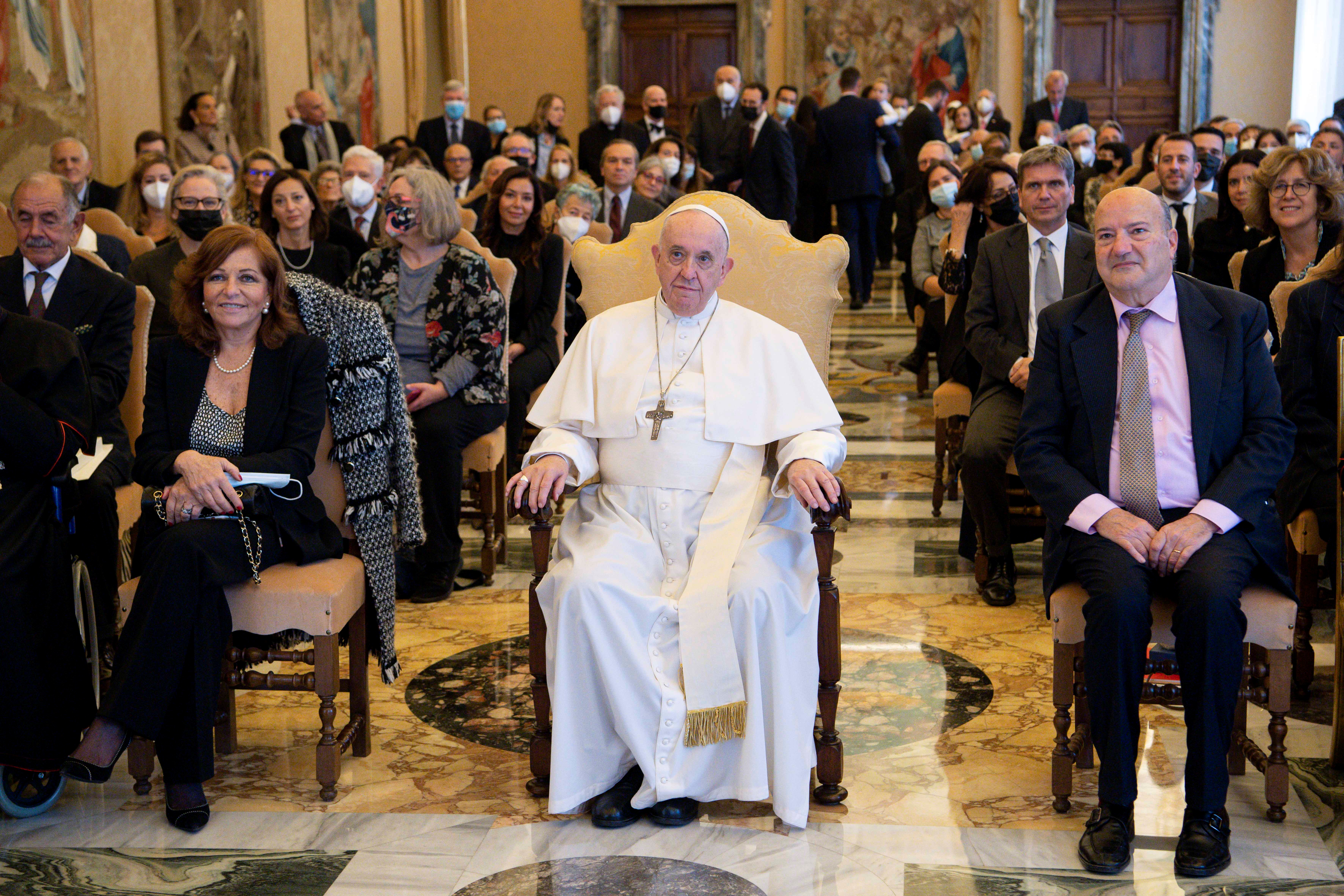 Pope Francis attends a ceremony to honour veteran Vatican correspondents Philip Pullella and Valentina Alazraki at the Vatican, November 13, 2021.  Vatican Media/Handout via REUTERS   
