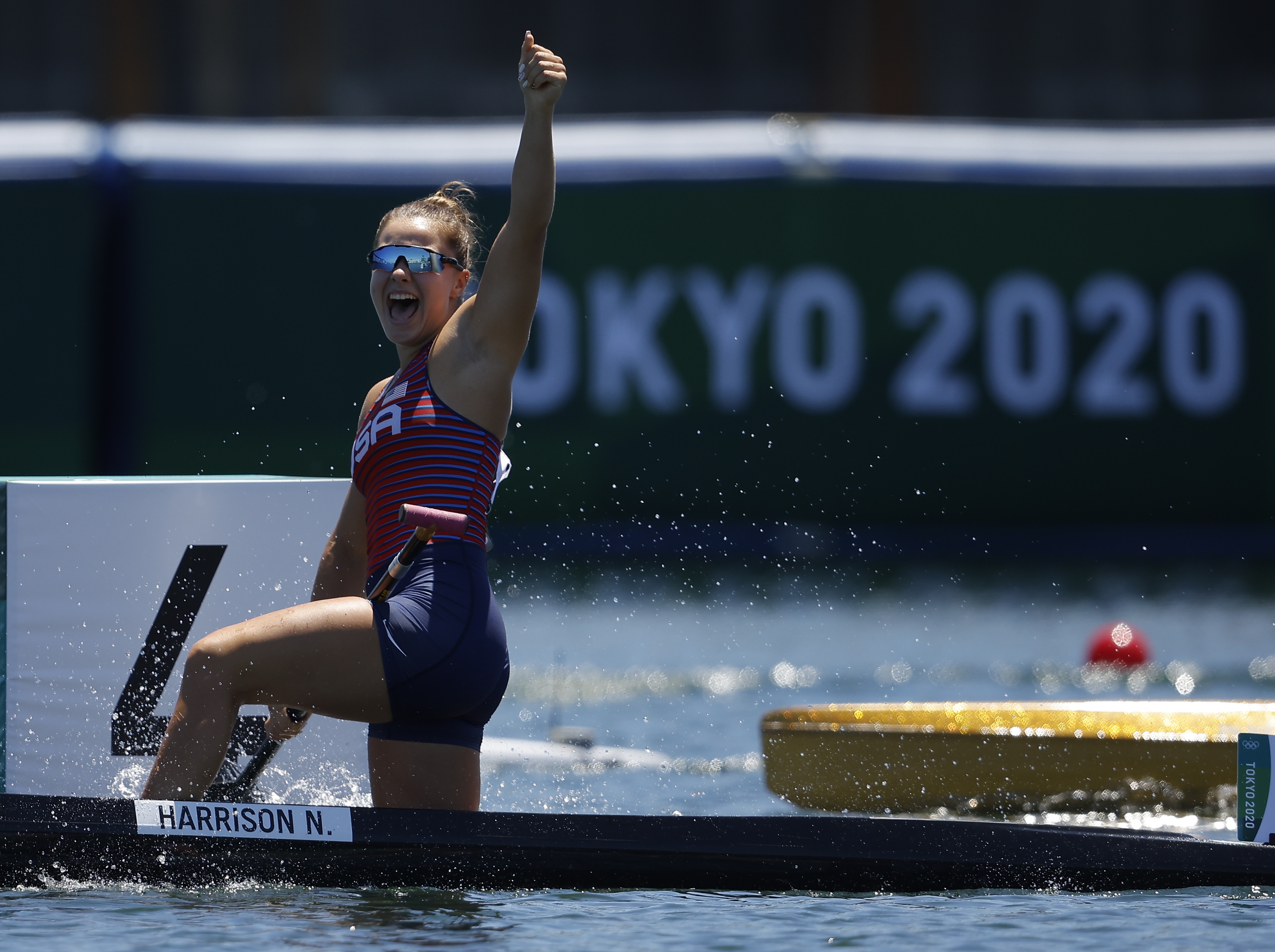 Tokyo 2020 Olympics - Canoe Sprint - Women's C1 200m - Final A - Sea Forest Waterway, Tokyo, Japan - August 5, 2021. Nevin Harrison of the United States celebrates after winning gold REUTERS/Maxim Shemetov