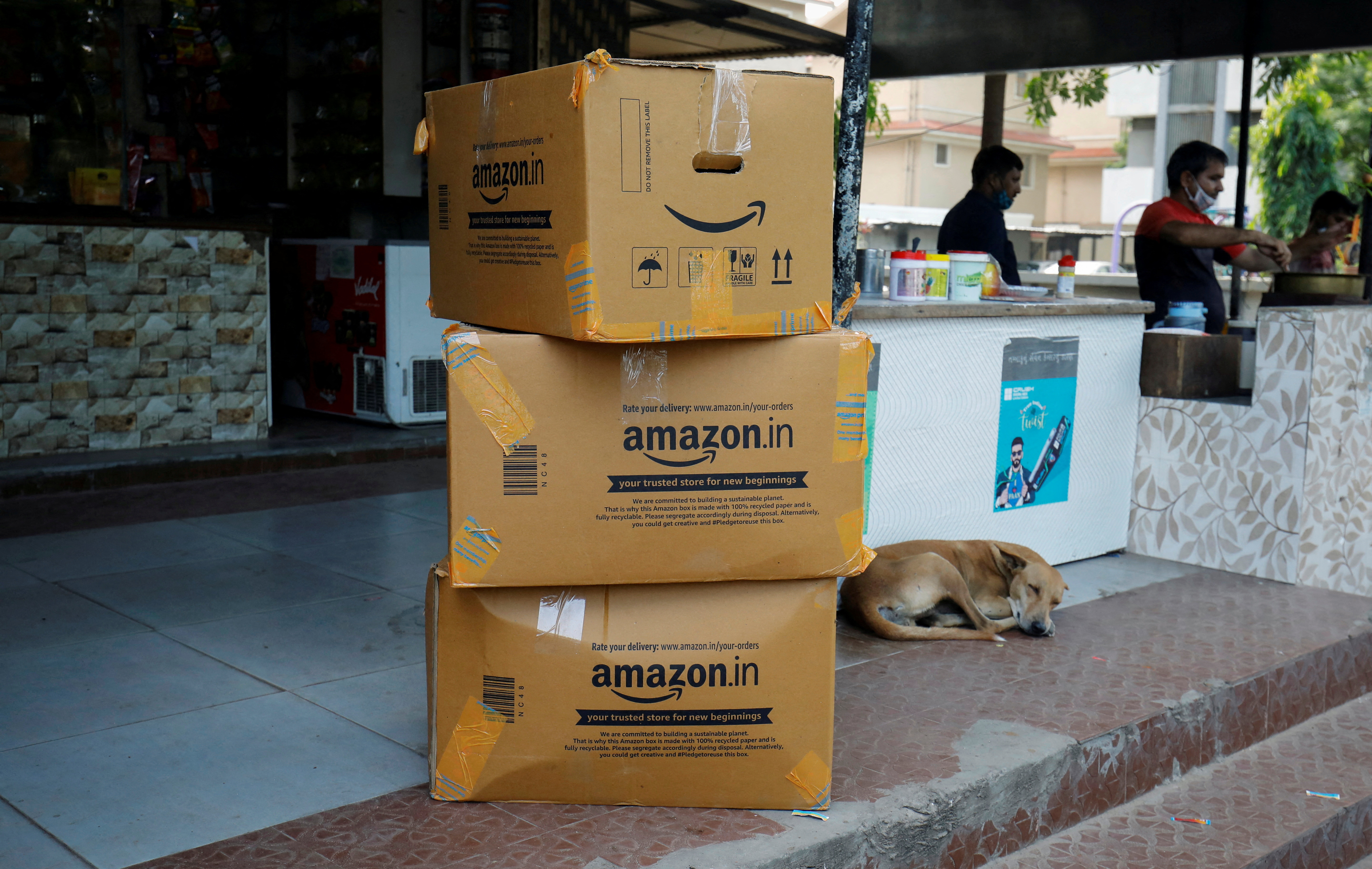 Amazon delivery packages are seen outside a shop in Ahmedabad, India, October 5, 2021. REUTERS/Amit Dave/File Photo